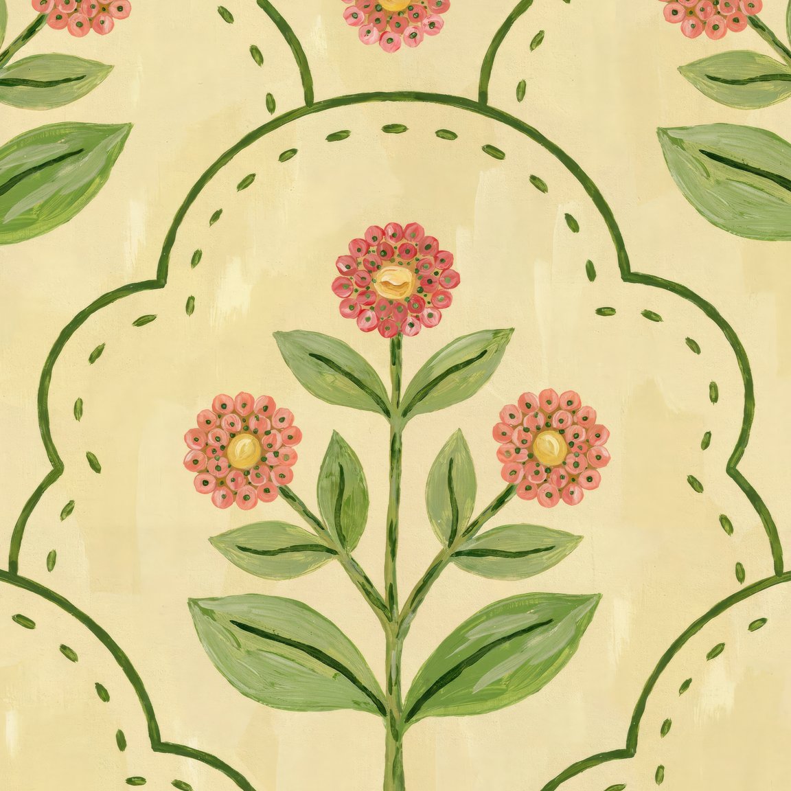 Floral wallpaper with coral blooms and green leaves on a creamy background