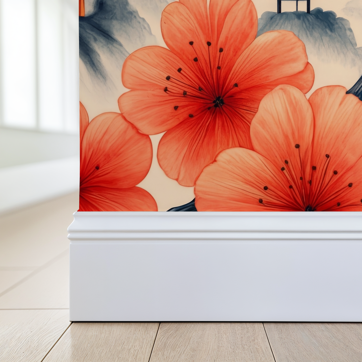 Coral floral wallpaper with pagoda motif on cream background in a modern room.