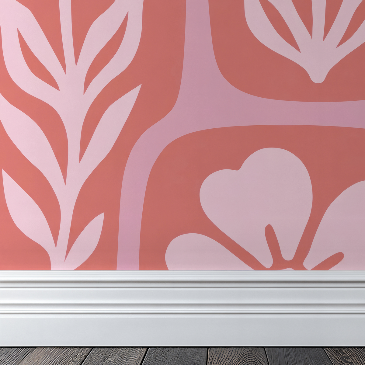 Coral and pink floral wallpaper with abstract botanical pattern in room setting.