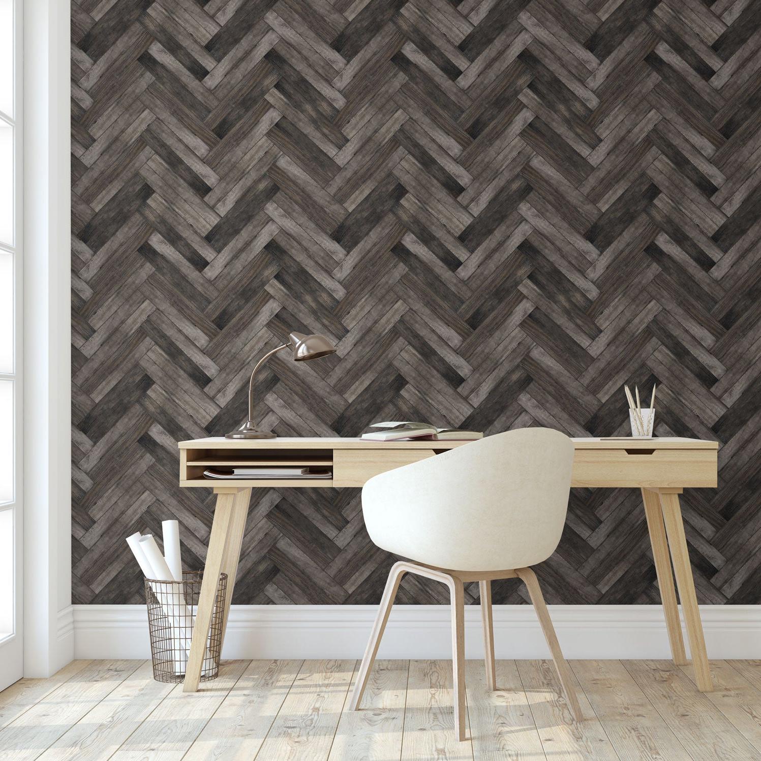 Modern home office featuring Country Roads Wallpaper from The Tamra Judge Line, chevron pattern focus.
