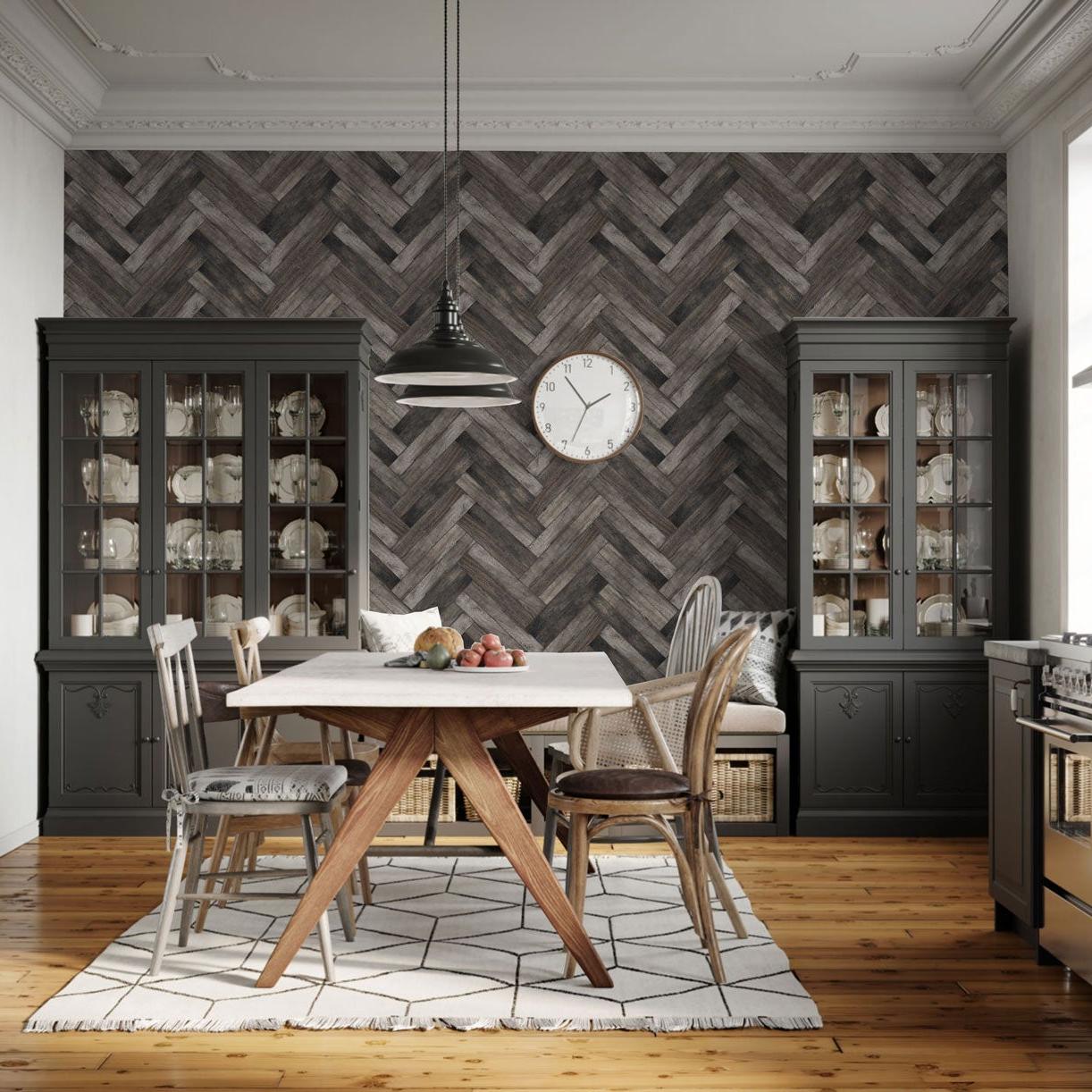 Country Roads Wallpaper by The Tamra Judge Line in Elegant Dining Room Setup