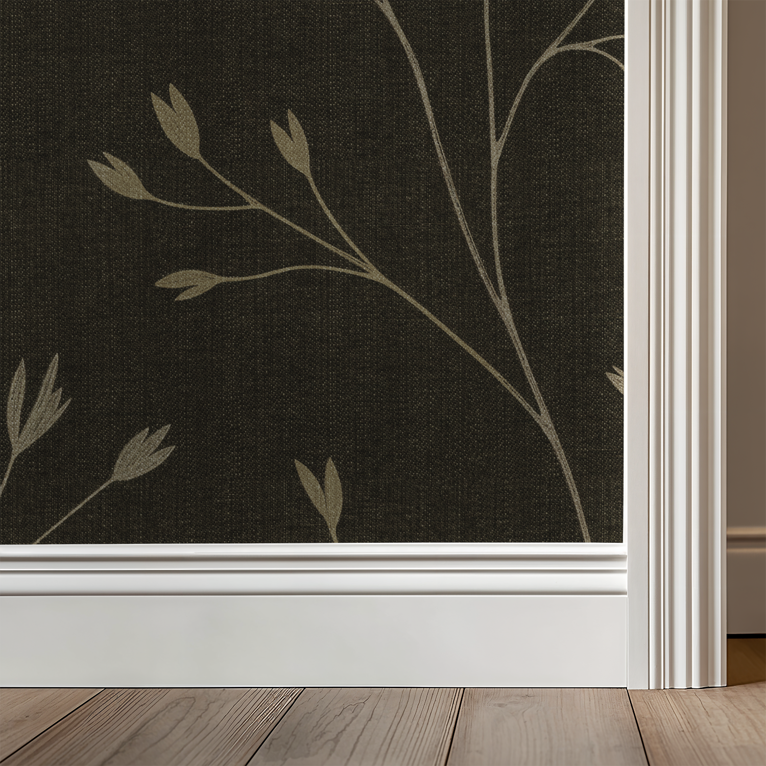 Cream branch pattern on dark brown wallpaper in a modern room setting.