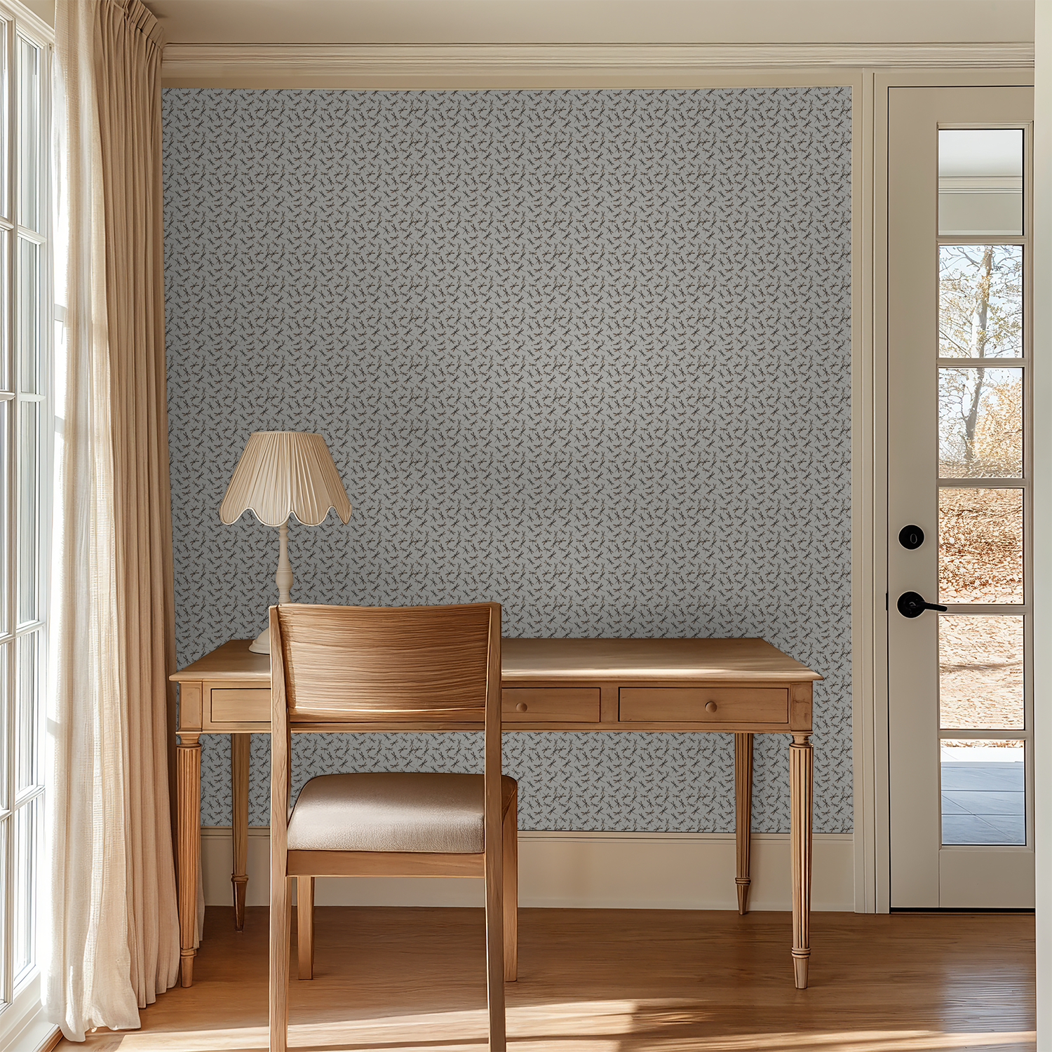 Cream dragonfly pattern wallpaper in elegant home office setting.