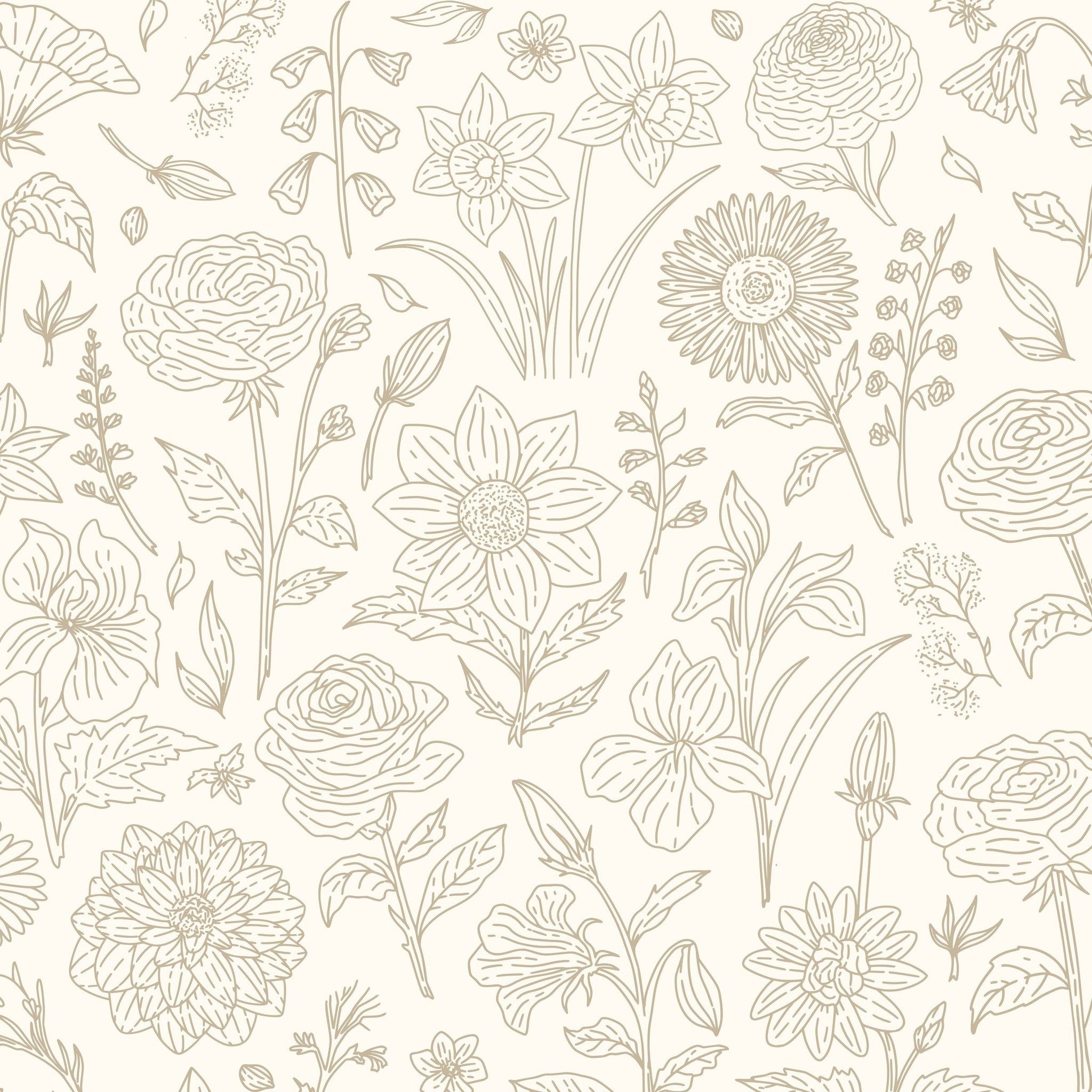 Cream floral wallpaper with intricate botanical sketches on a soft backdrop.