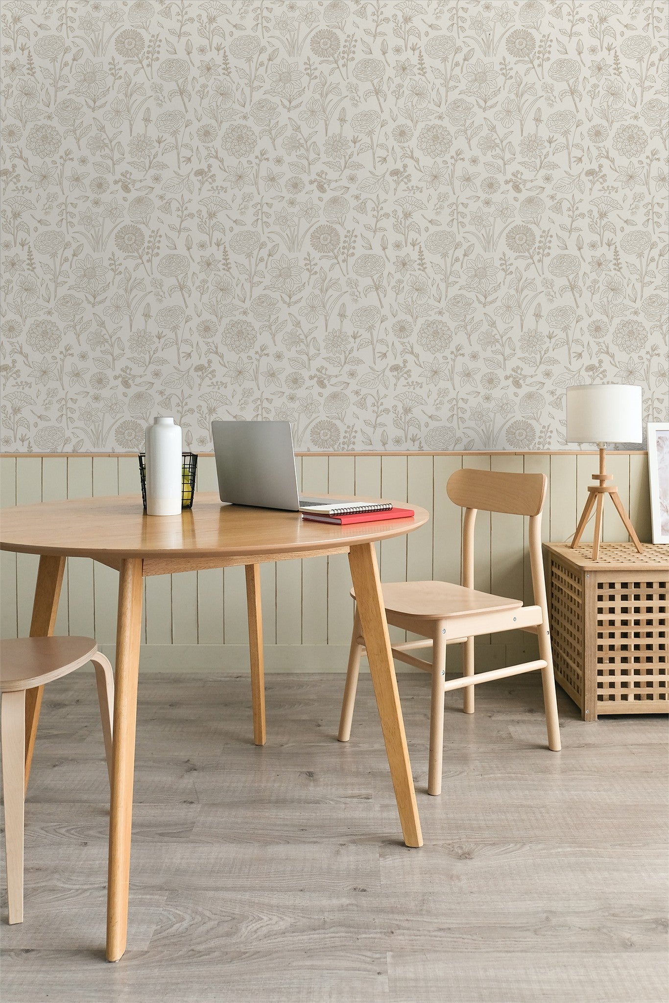 Cream floral wallpaper with intricate sketches in a modern dining room setting.