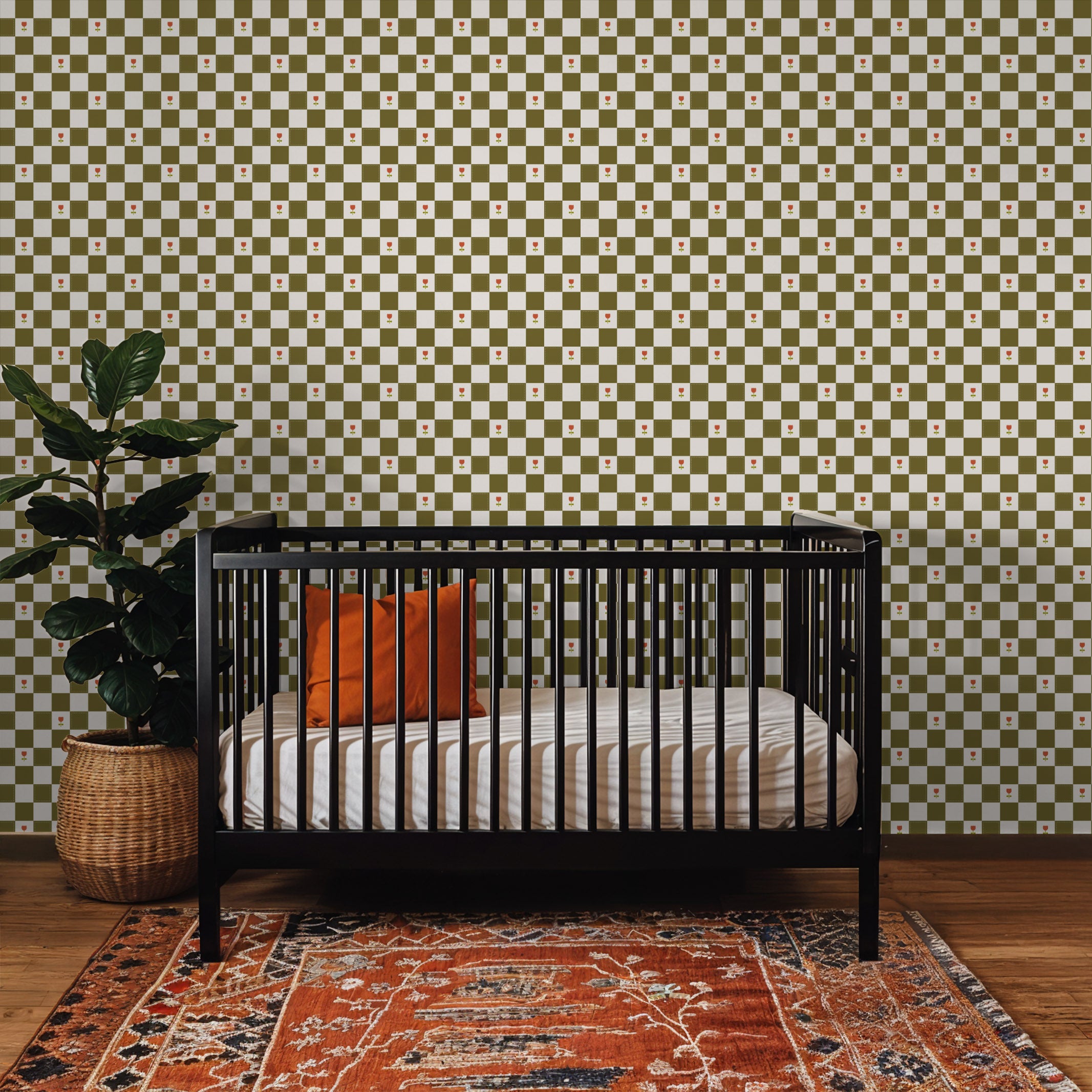 Brenton's Checkered Tulip (Green) Wallpaper - 8 FT H X 12.5 FT W