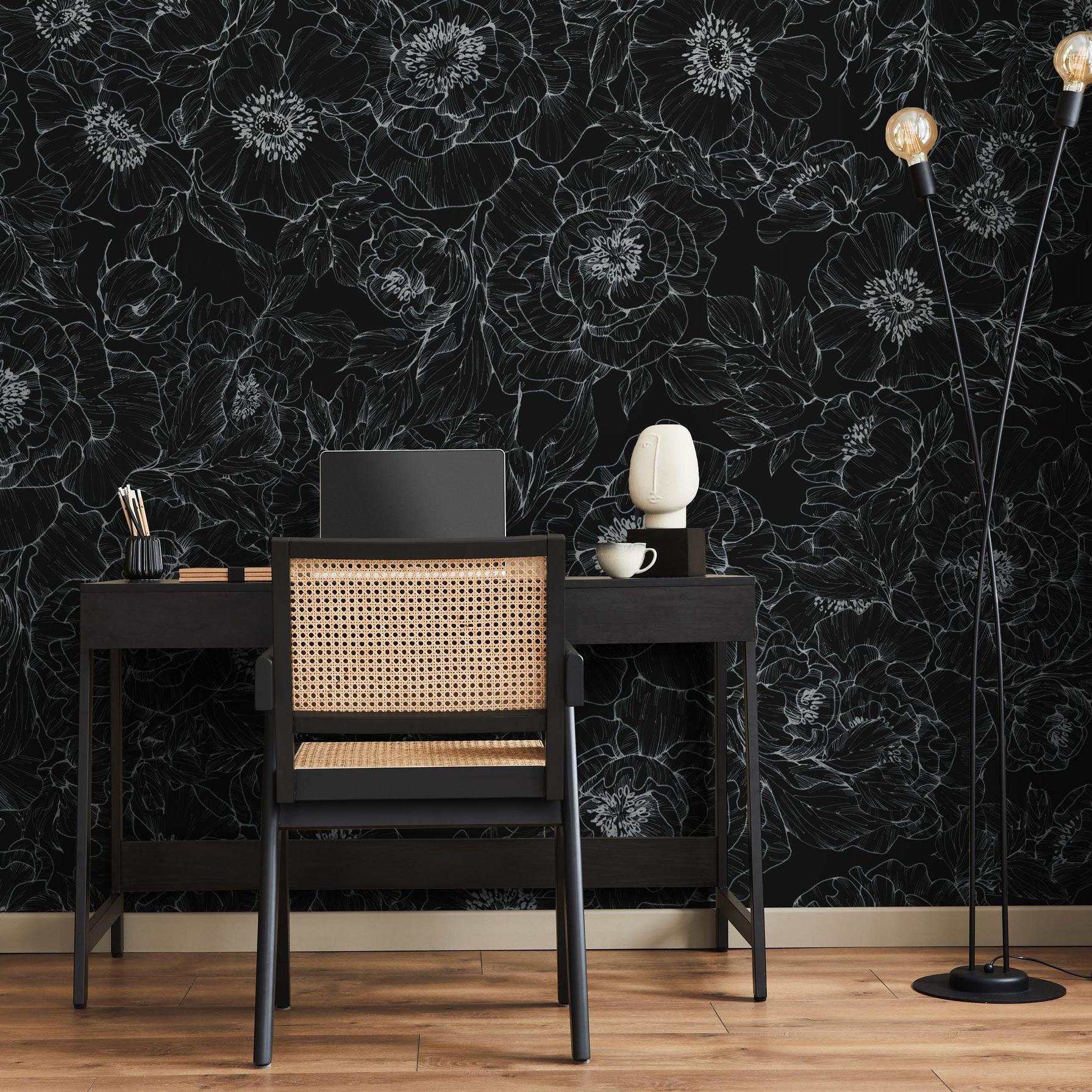 The Dutchess (Black) Wallpaper by The Ania Zwara Line in modern home office, accentuating walls with elegant floral design.