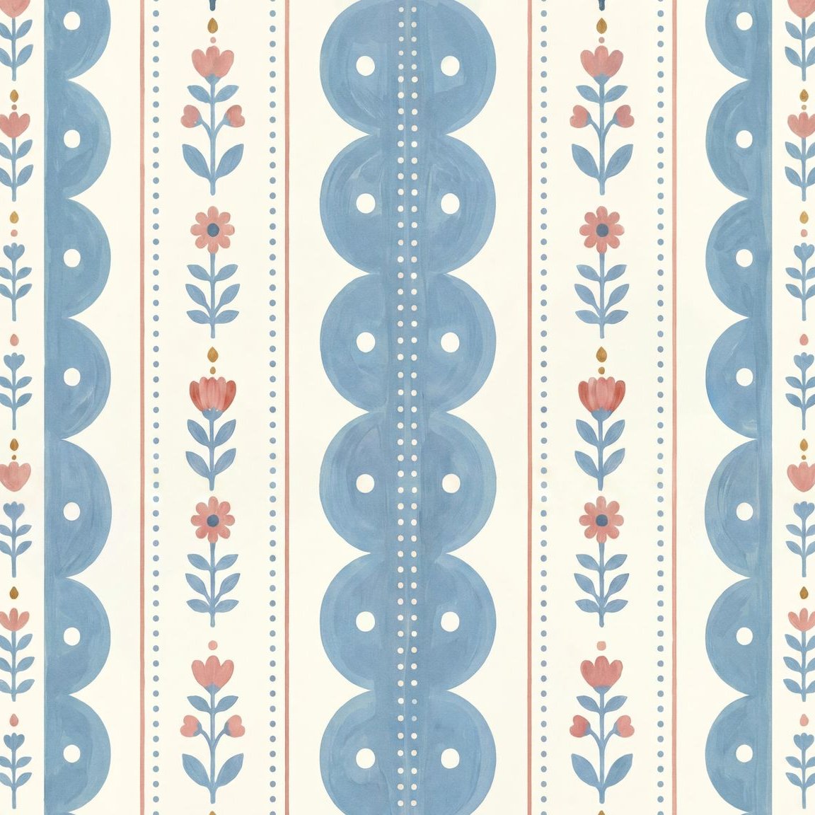 Dahlia Dreams wallpaper with blue scalloped stripes and coral floral patterns