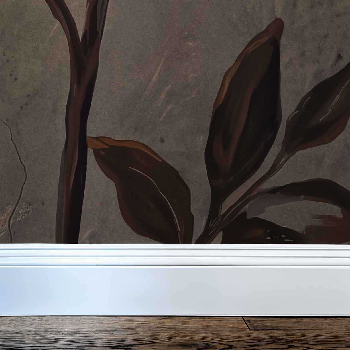 Dark botanical wallpaper with brown leaves on earthy background