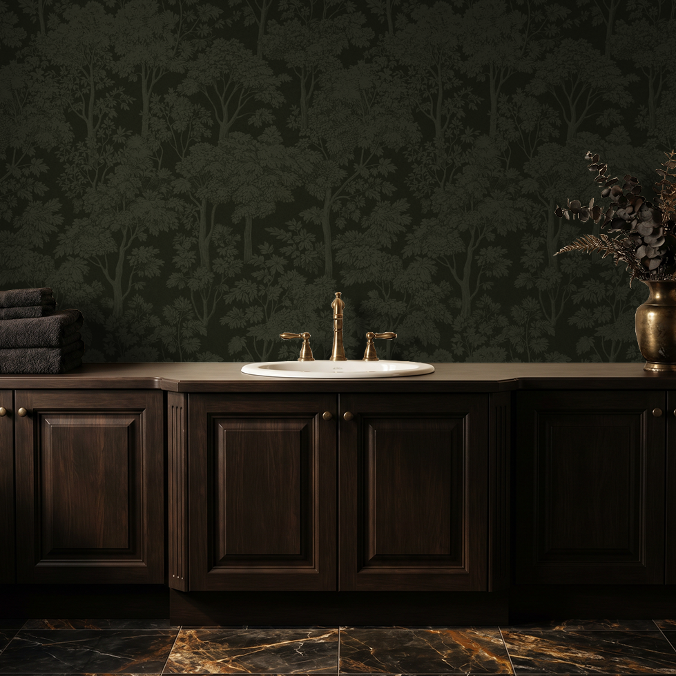 Dark green foliage wallpaper in elegant bathroom with wooden cabinets