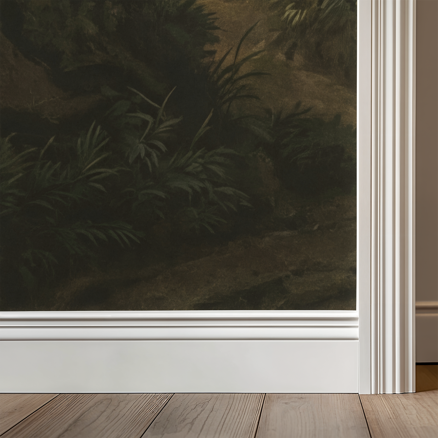 Dark green foliage wallpaper with white molding and wood floor