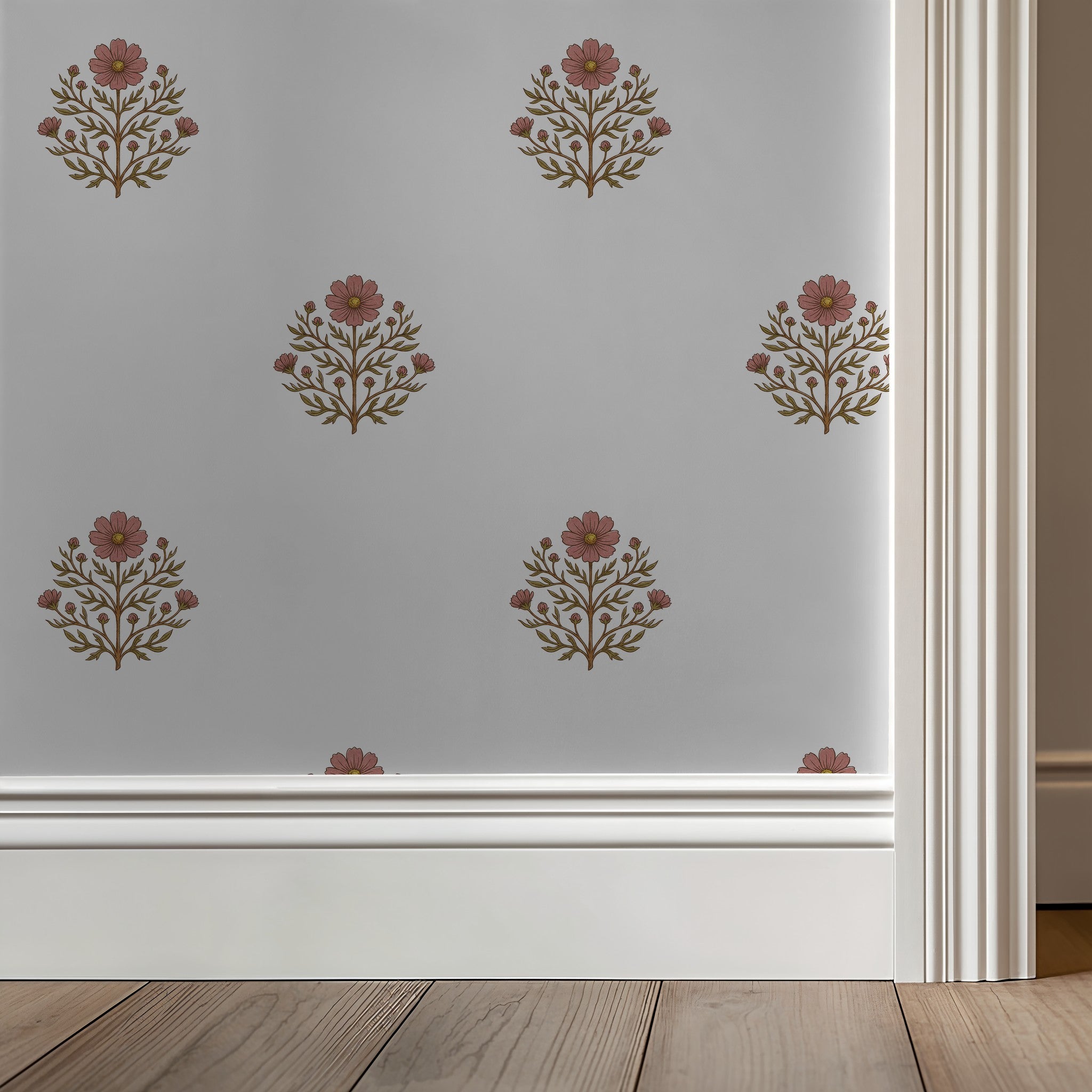 Delicate floral wallpaper with pink blooms on a soft backdrop in a room setting.