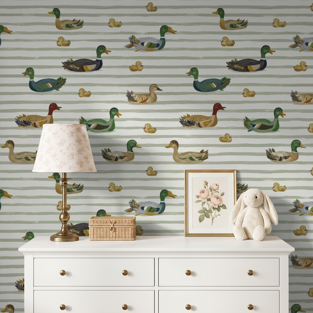 Duck-themed wallpaper with green stripes in cozy nursery setting.