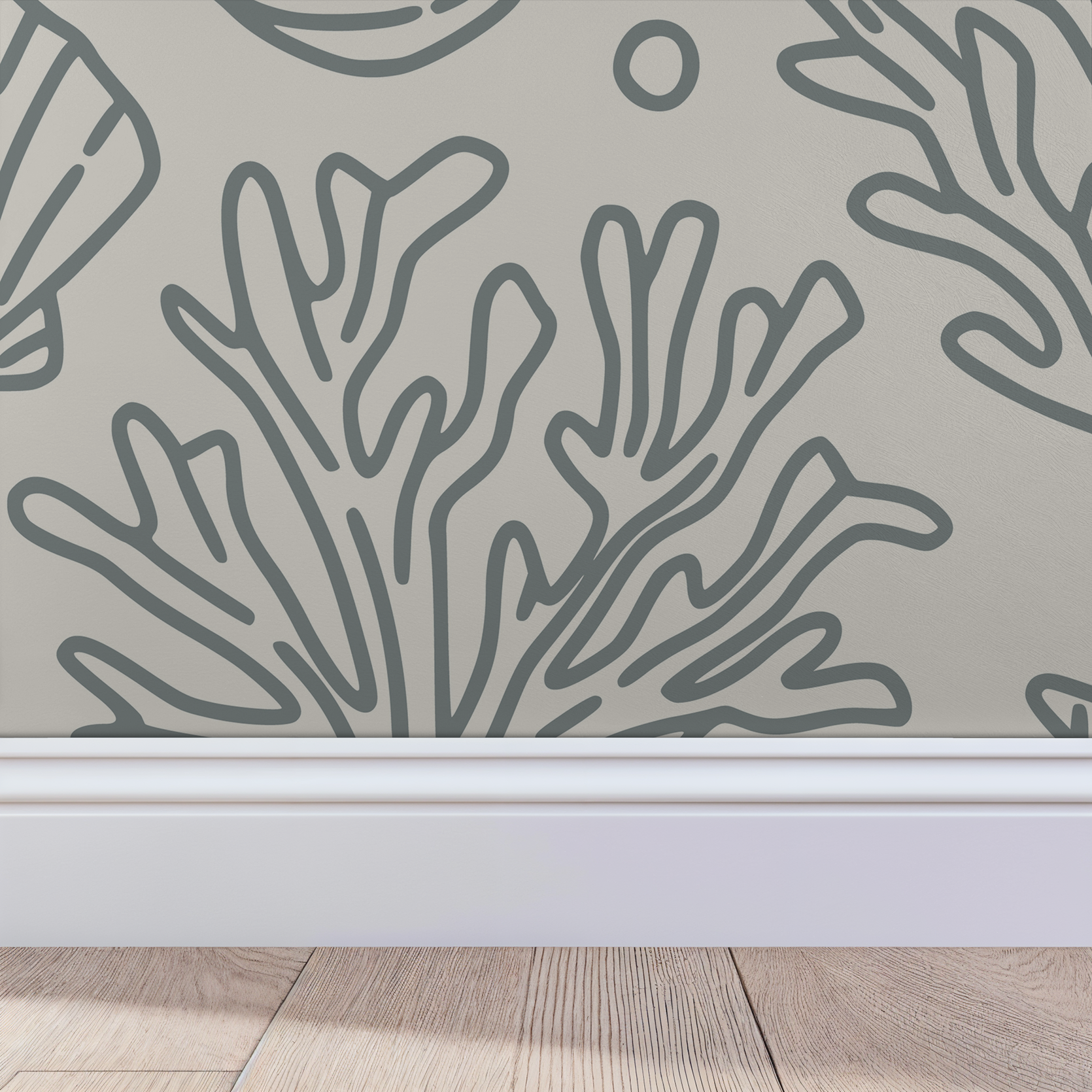 Dusty blue and cream marine motif wallpaper with coral design.