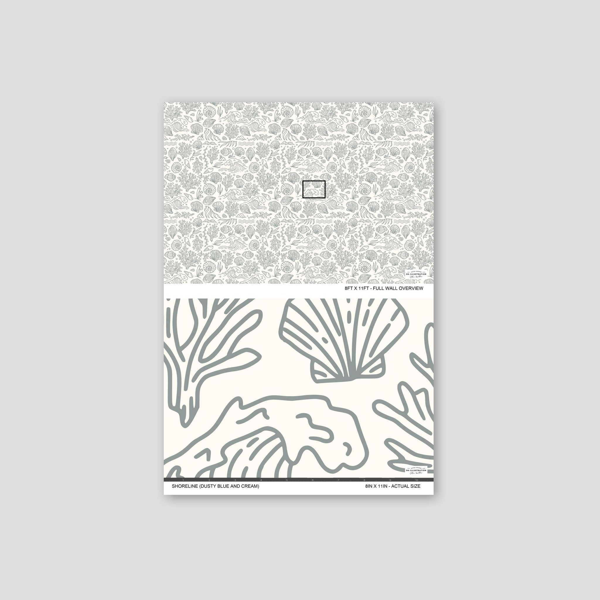 Dusty blue and cream marine life wallpaper with corals and shells.