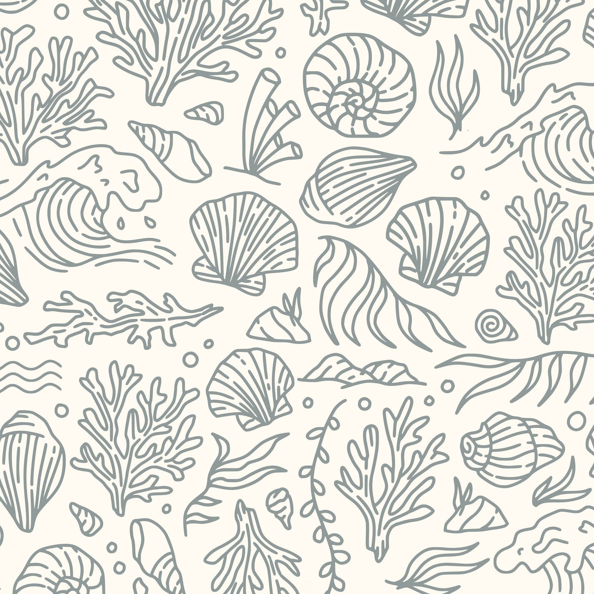 Dusty blue marine life motifs on cream wallpaper with corals and shells.