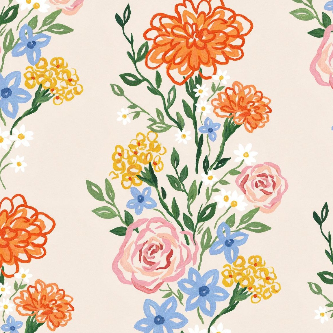 Eden Fields wallpaper with vibrant orange, pink, blue flowers on cream background.