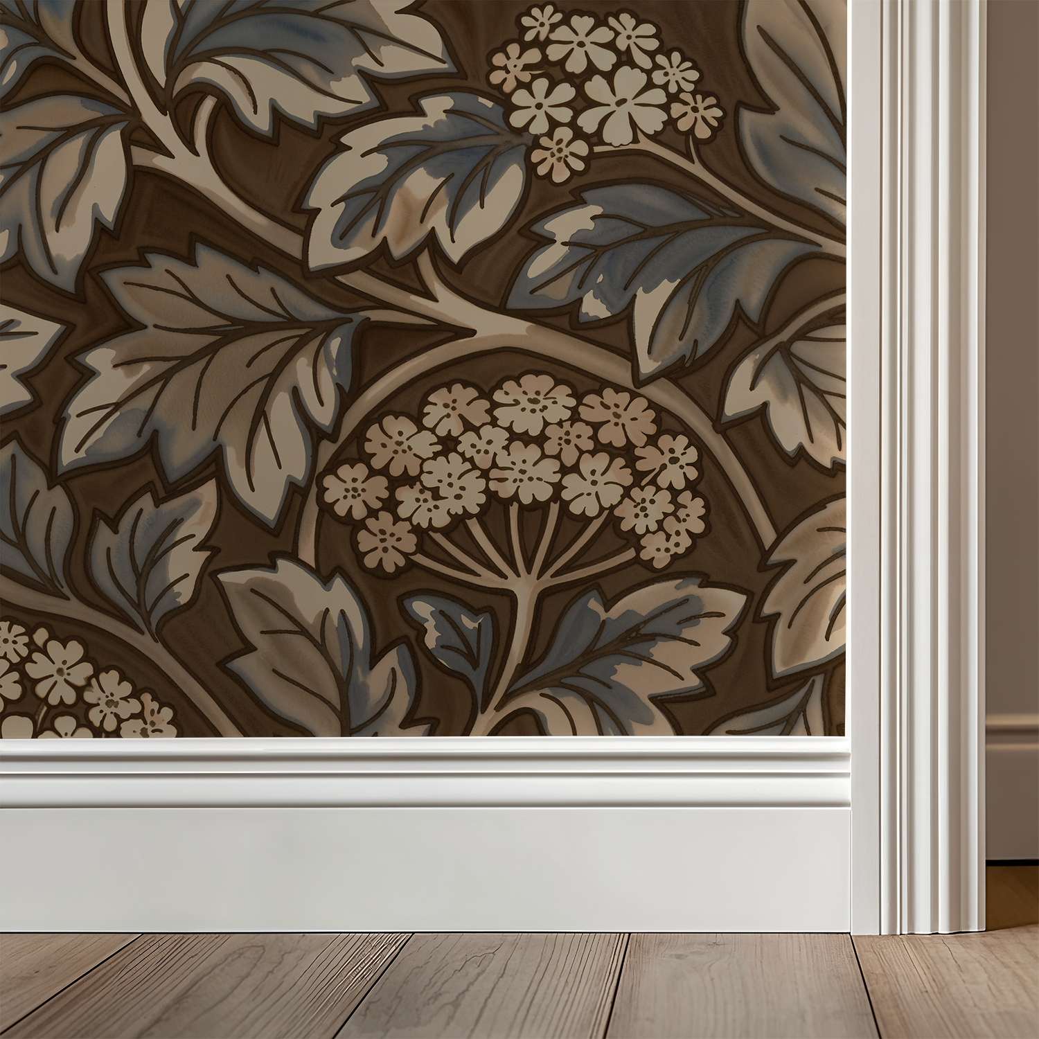 Brown and blue floral wallpaper with intricate botanical design in a room corner.