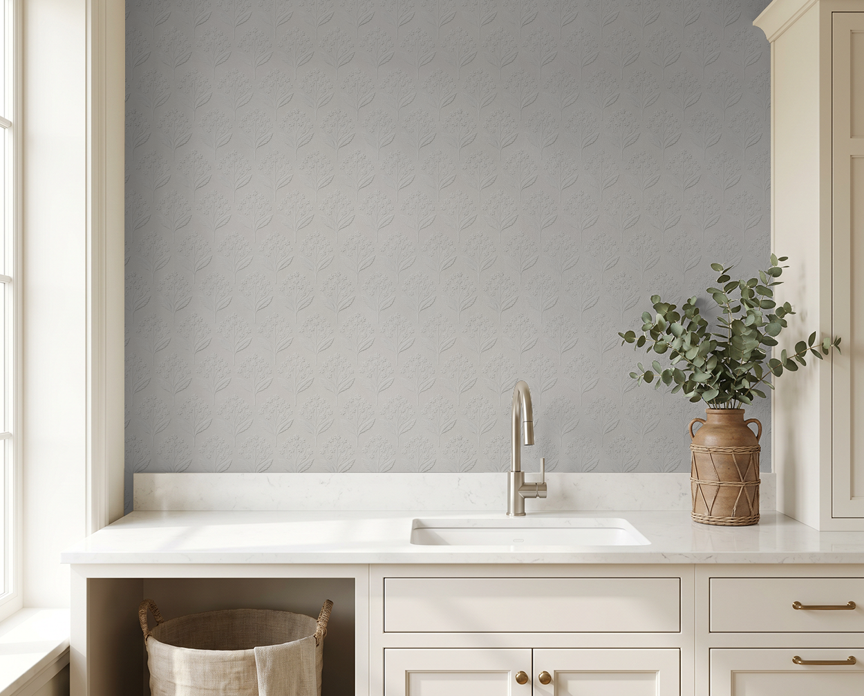 Elegant floral embossed wallpaper in neutral kitchen setting