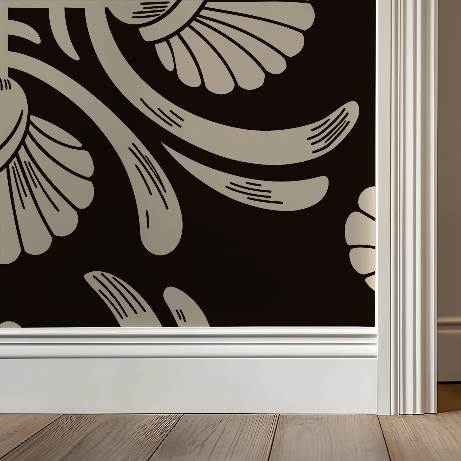 Elegant floral wallpaper with creamy blooms on a dark background in a classic room setting.