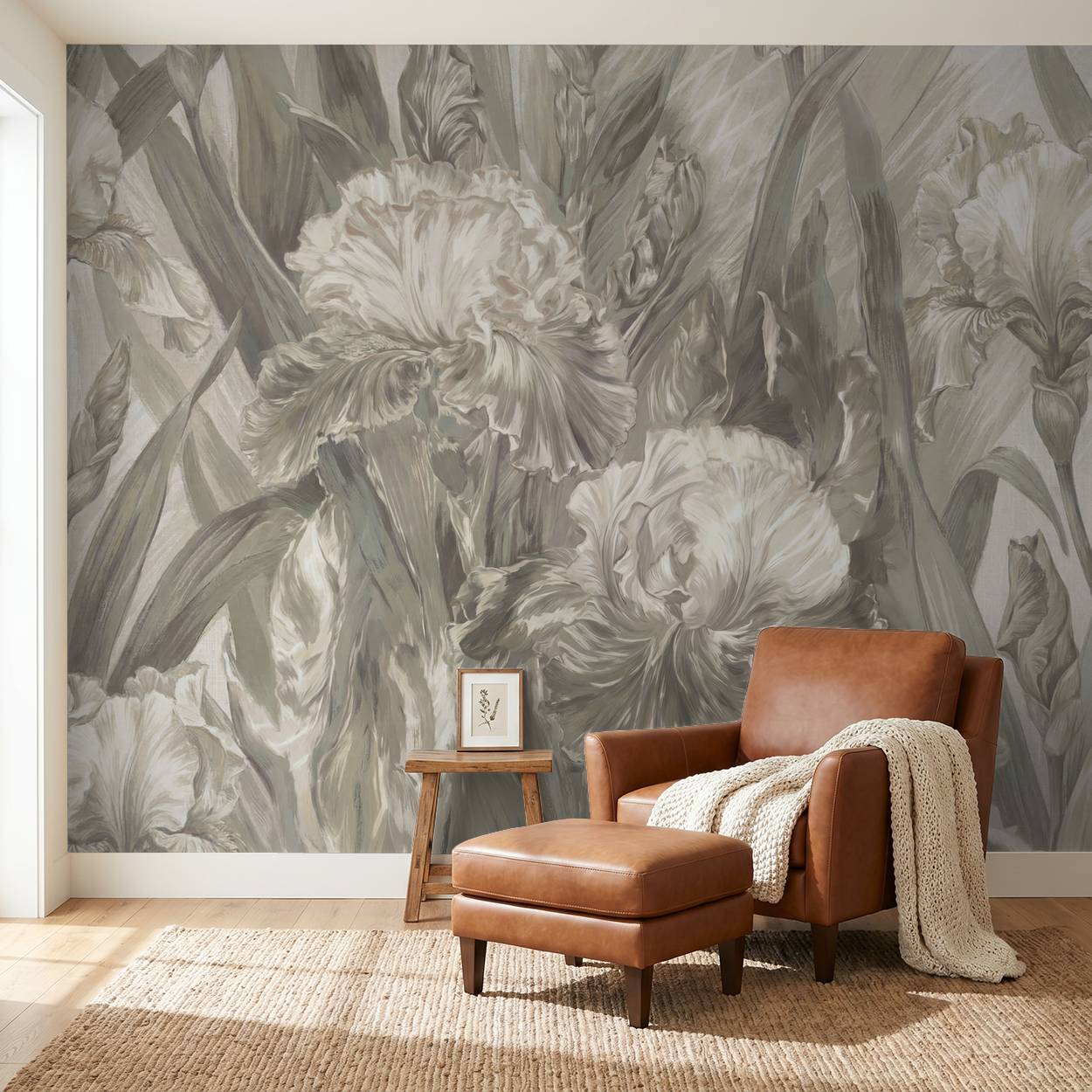 Elegant floral wallpaper with irises and greenery in a cozy living room with leather chair.