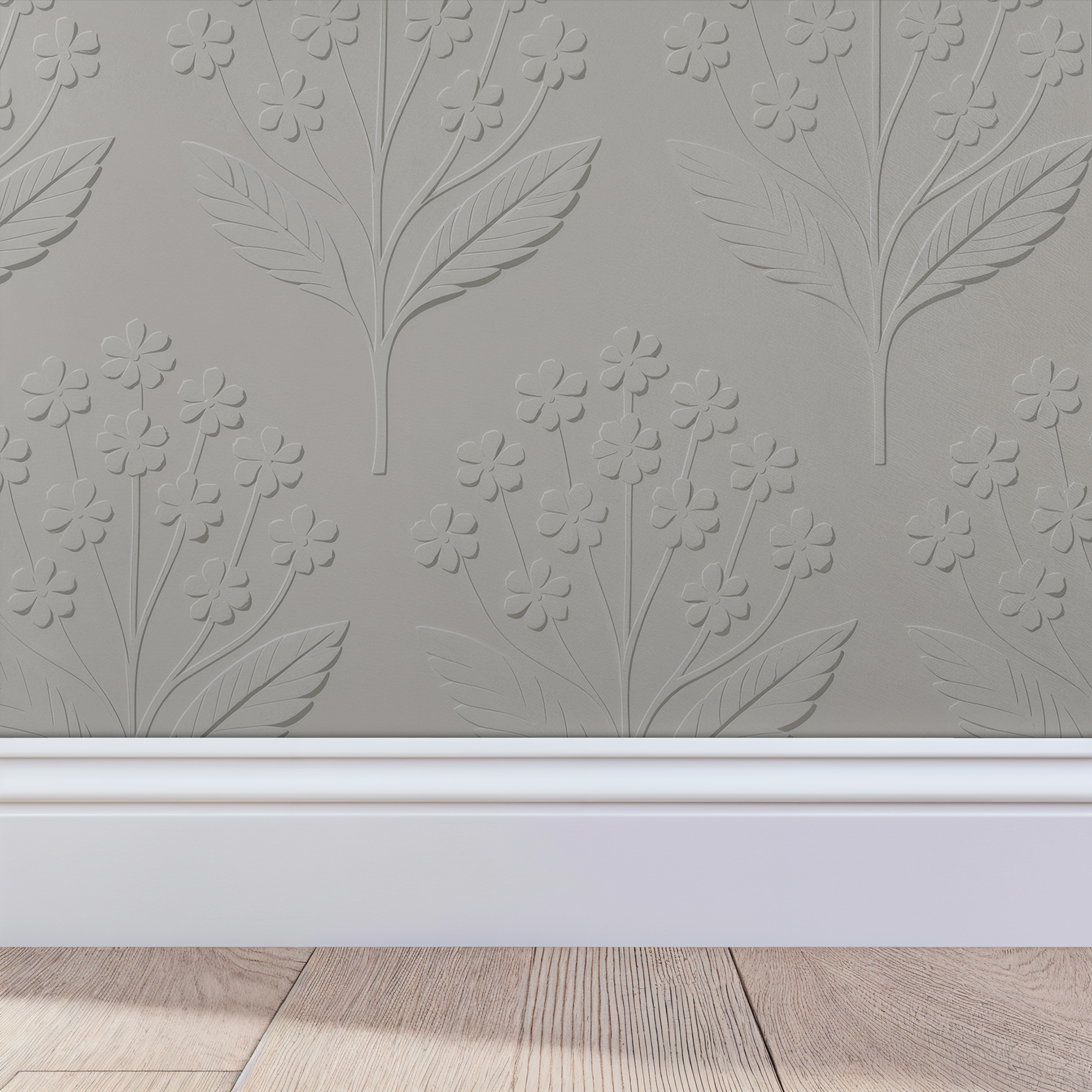 Embossed floral wallpaper with delicate flowers on a soft gray backdrop.