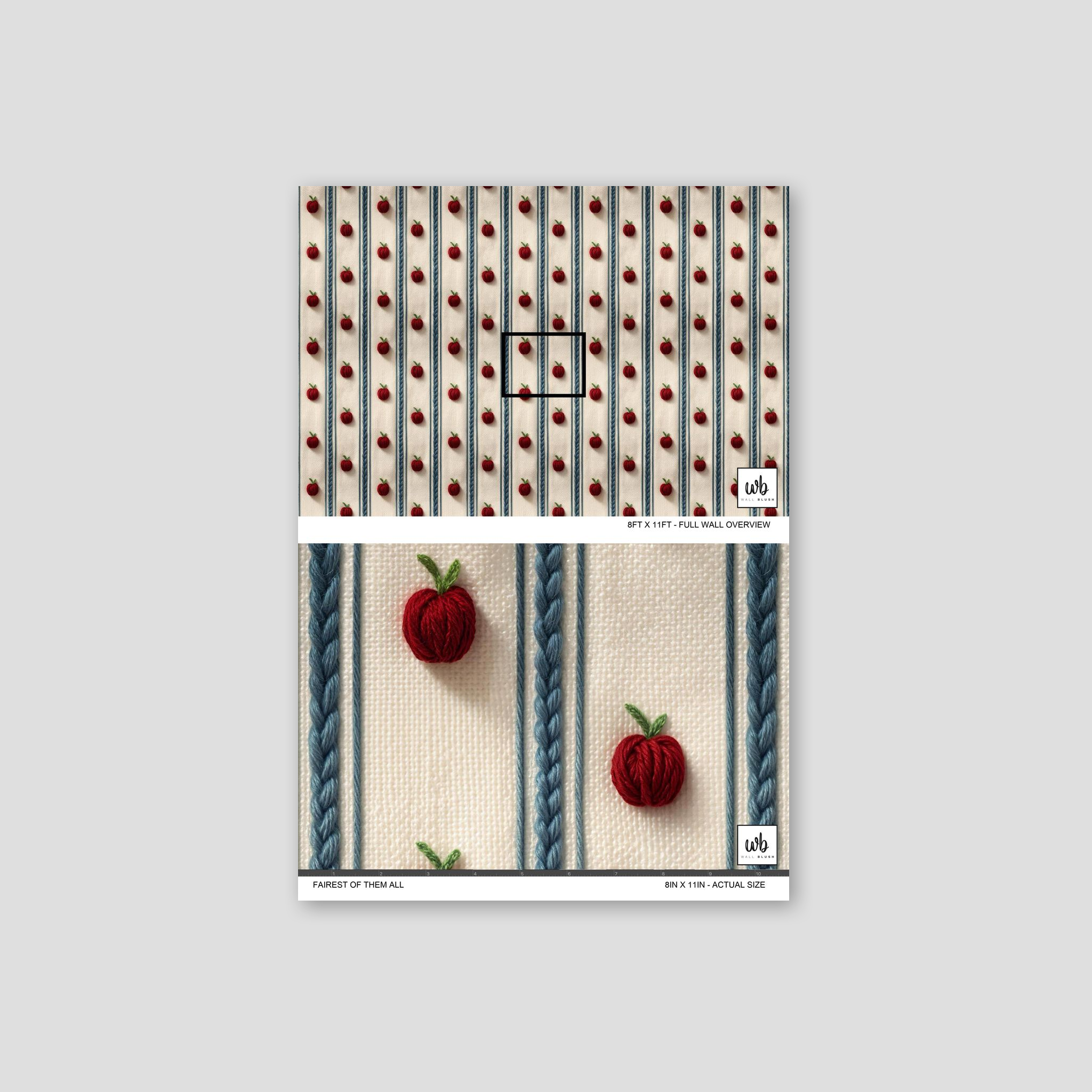 Embroidered apples on blue striped wallpaper with cream background.