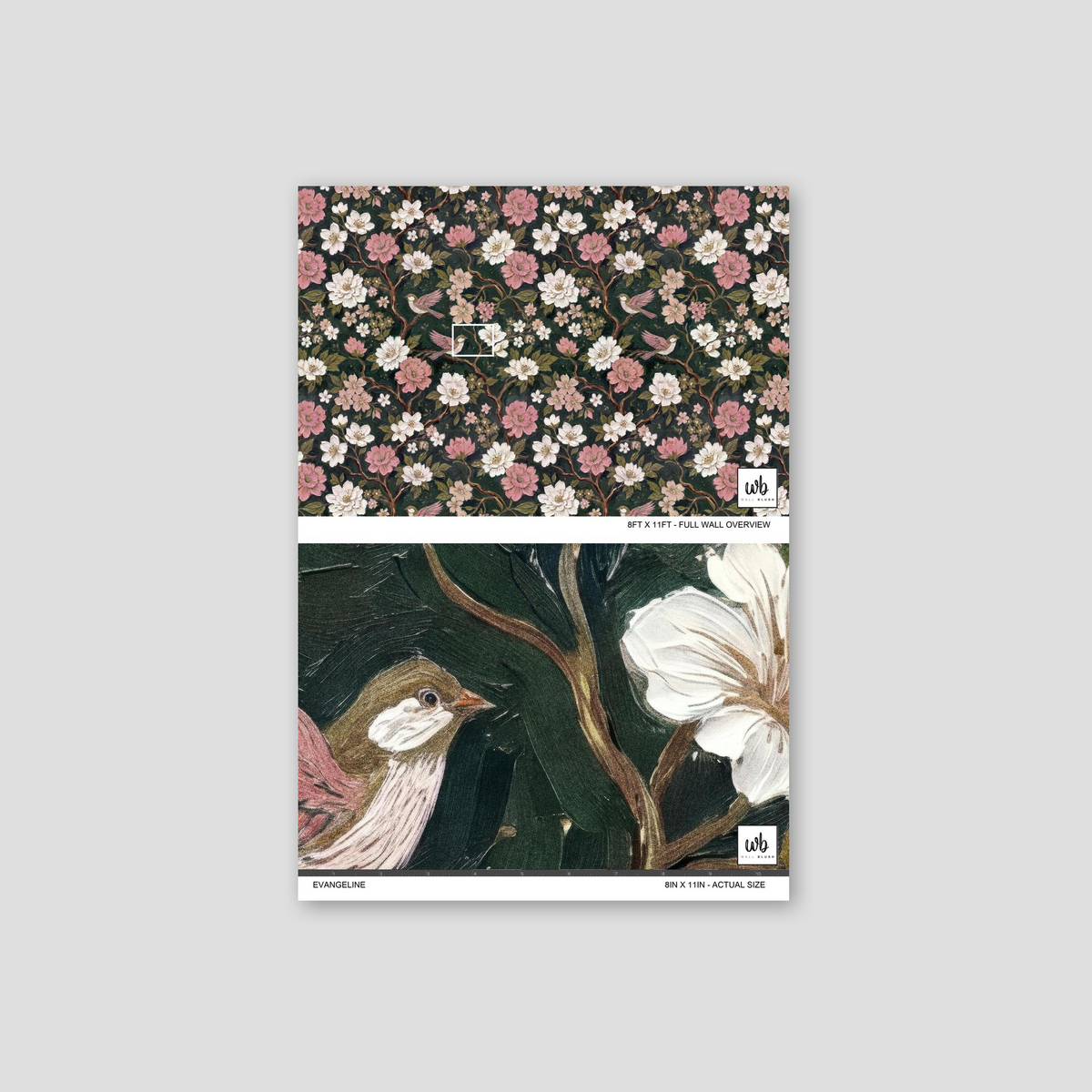 Evangeline wallpaper with pink and white floral pattern on dark green background featuring birds.