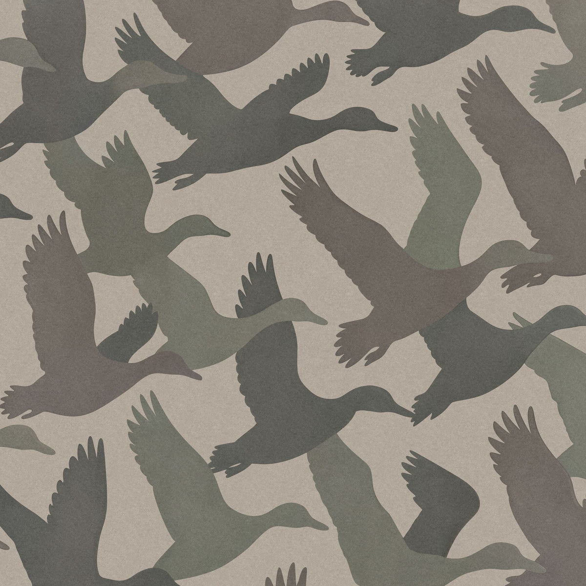 Feathered Horizon wallpaper with flying bird silhouettes on neutral background.