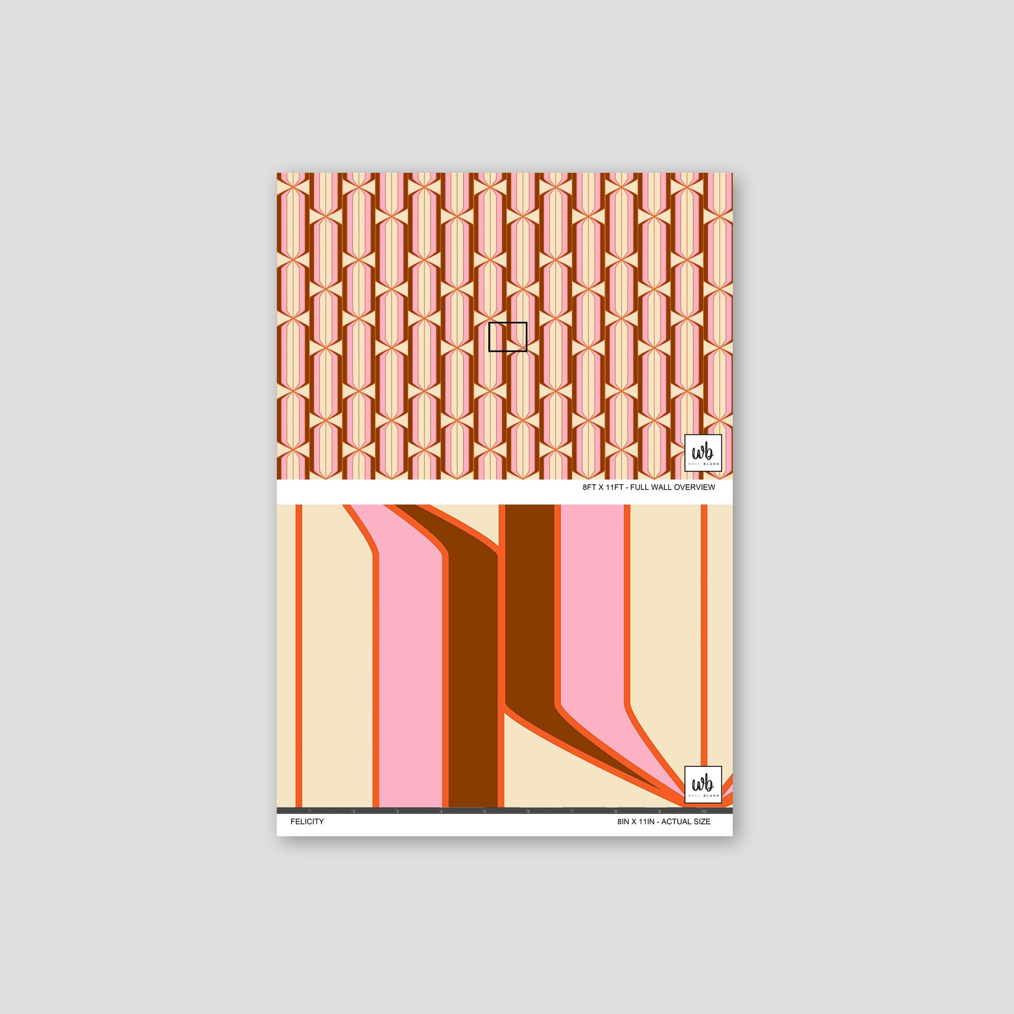 Geometric wallpaper with terracotta and pink patterns in a vibrant style.