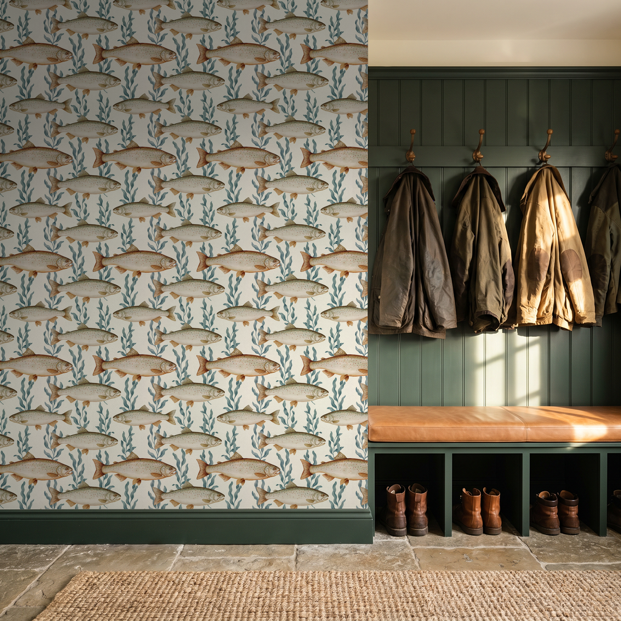 Fish and seaweed wallpaper in rustic entryway with coats and boots.