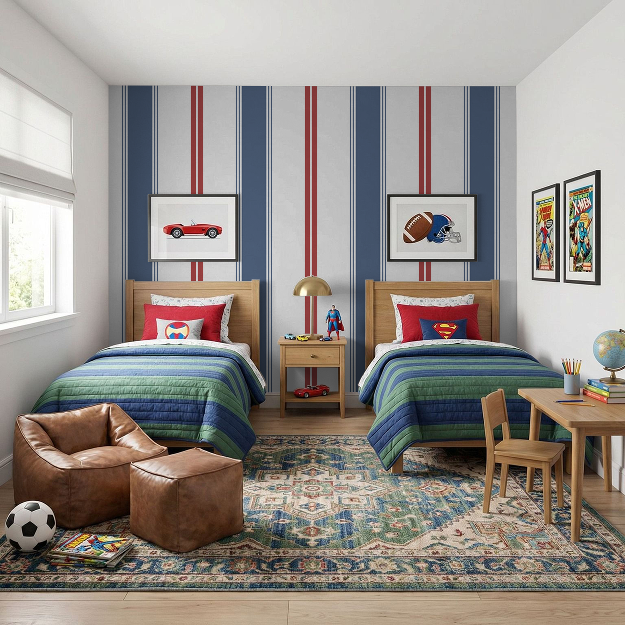 Blue and red striped wallpaper in a modern kids' bedroom with twin beds.