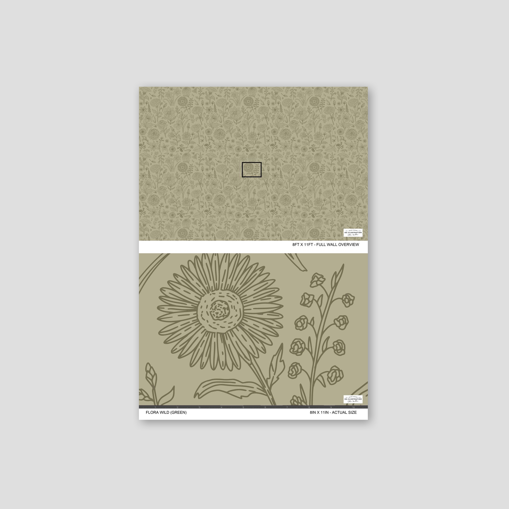 Flora Wild green wallpaper with delicate floral line drawings on a serene backdrop.