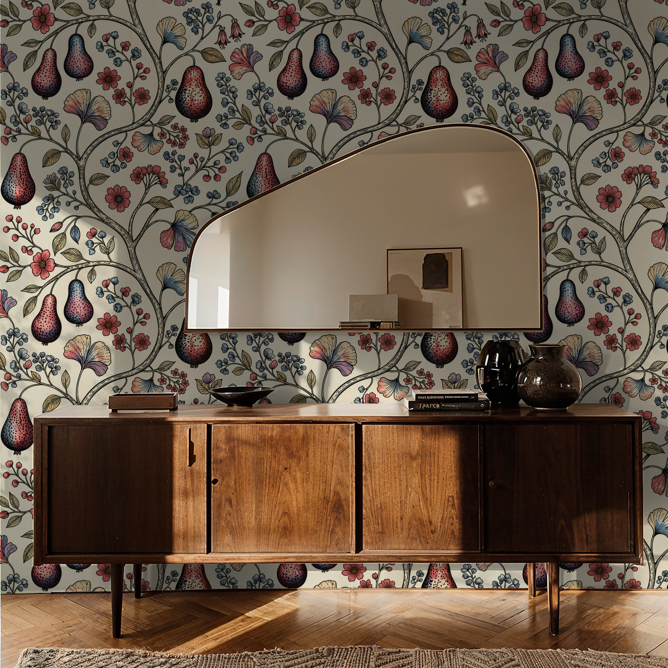 Floral wallpaper with pears and blossoms in a vintage living room setting.