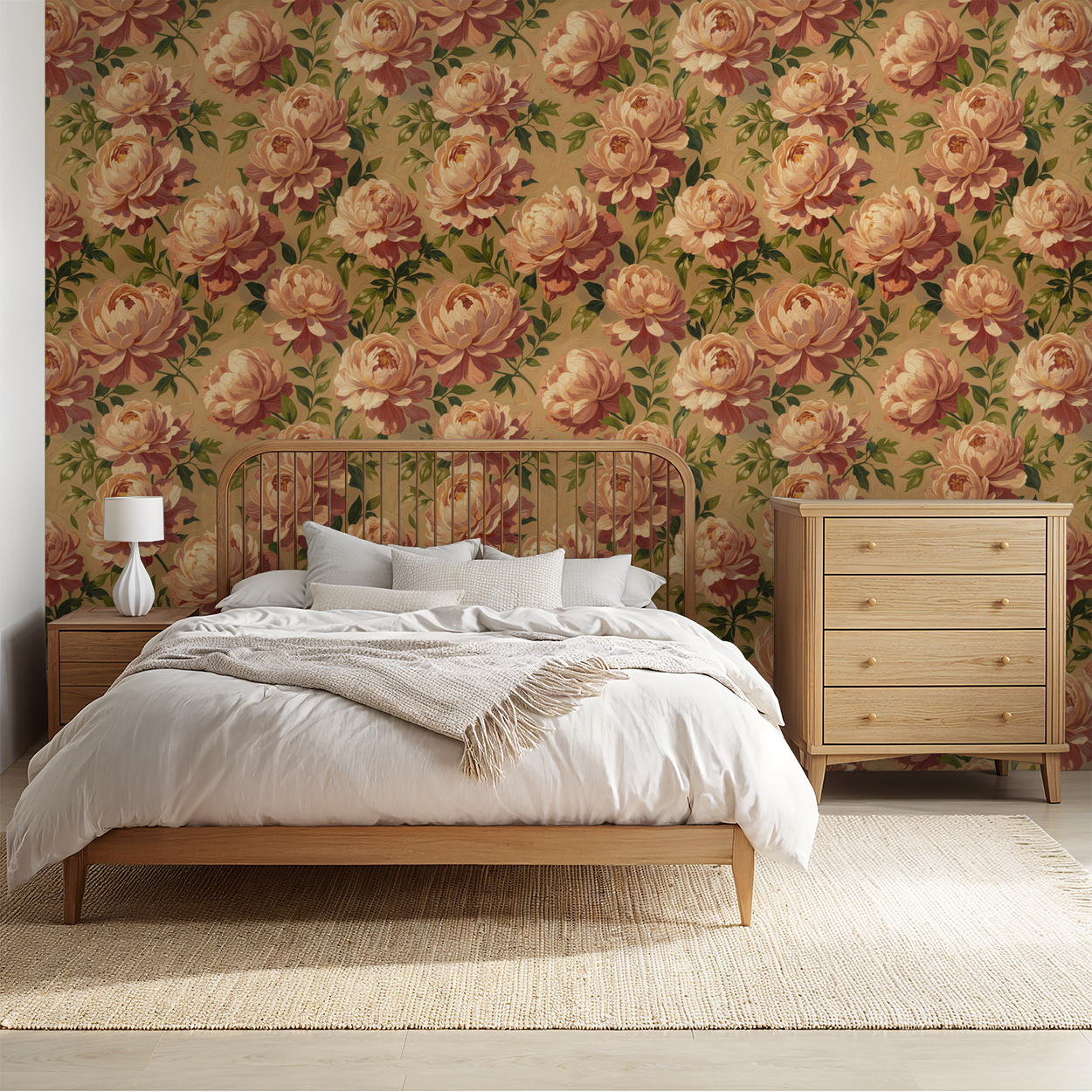 Floral peony wallpaper in blush and coral hues in a cozy bedroom setting.
