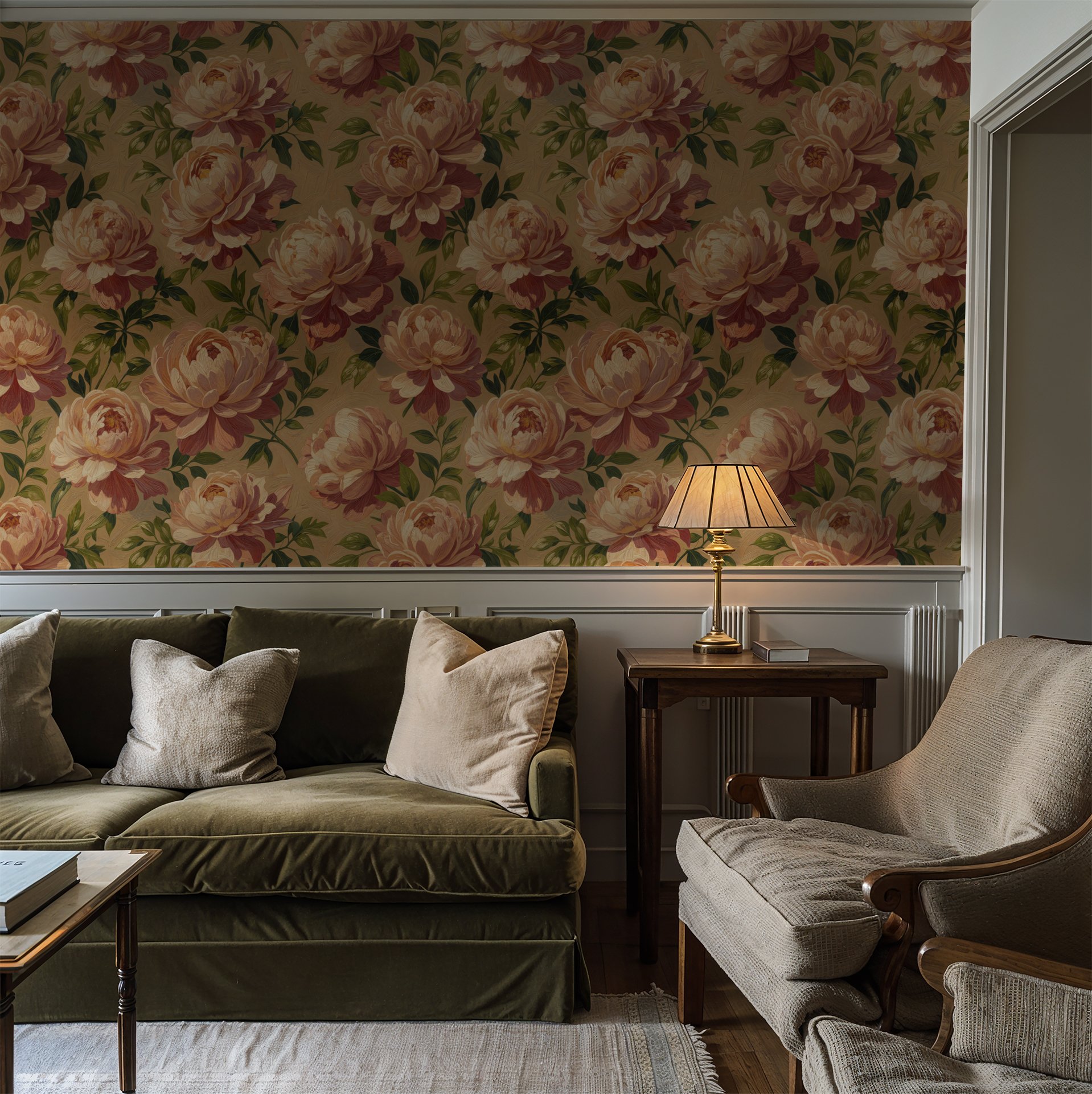Floral wallpaper with blush peonies in cozy living room setting.