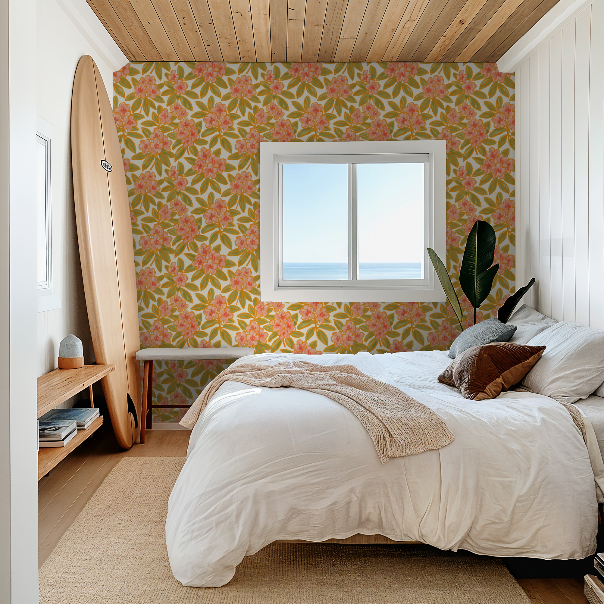 Bedroom with floral wallpaper, pink blooms on green leaves, wooden ceiling, surfboard decor.