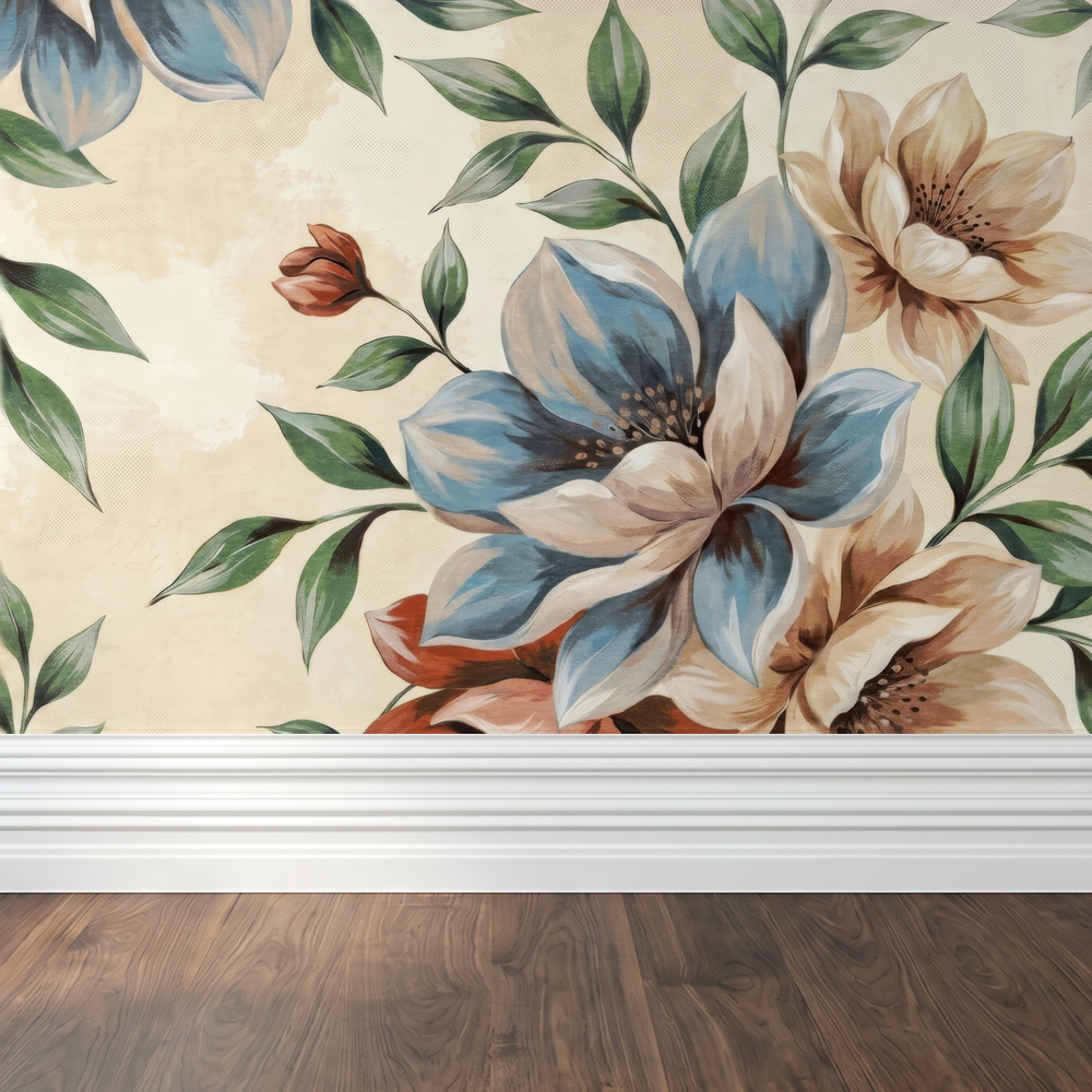 Floral wallpaper with large blue and cream flowers on beige background in room setting.