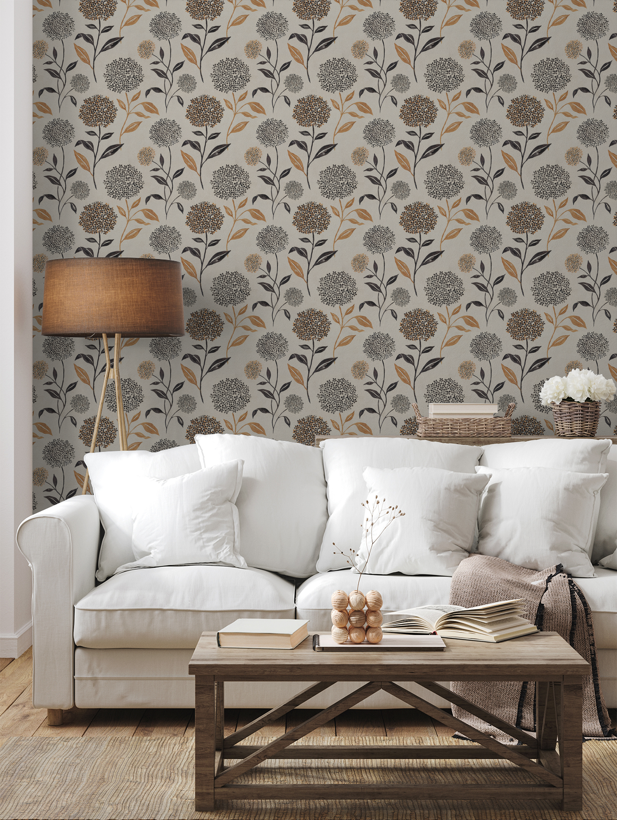 Floral wallpaper with charcoal and terracotta blooms in cozy living room setting.