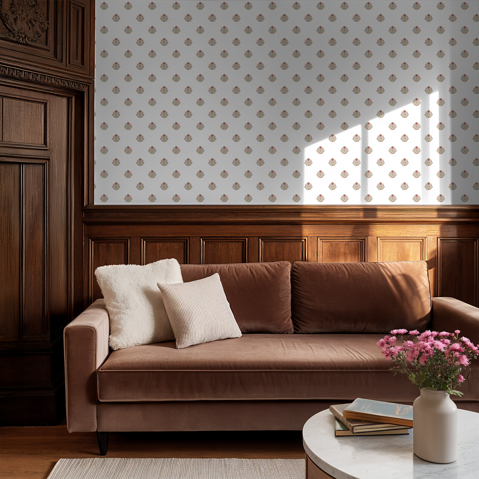 Floral wallpaper with delicate motifs in cozy living room with brown sofa.