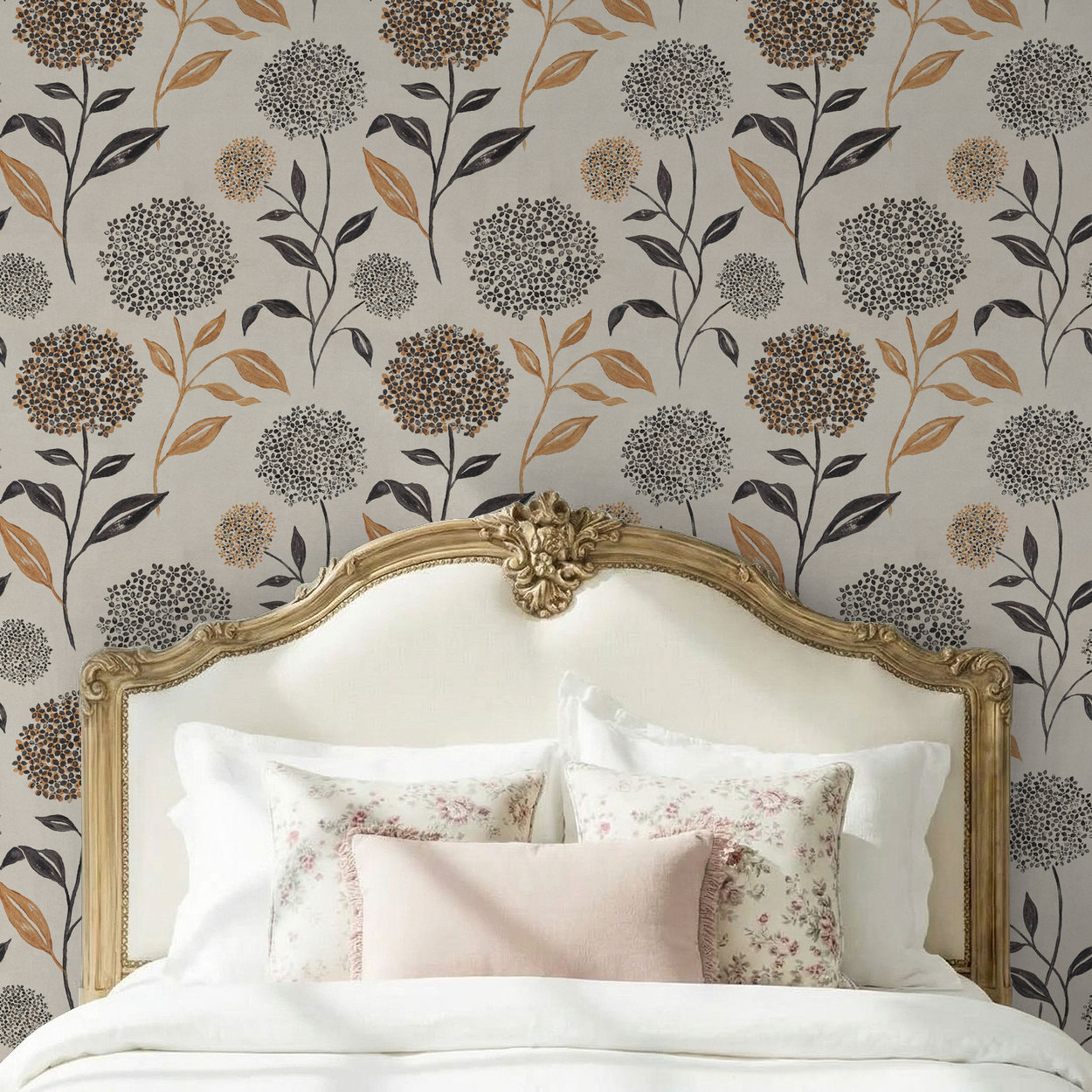 Floral wallpaper with ivory backdrop, terracotta and charcoal blooms in elegant bedroom setting.