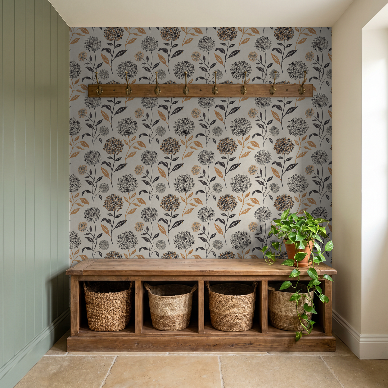 Floral wallpaper with terracotta and charcoal blooms in rustic entryway