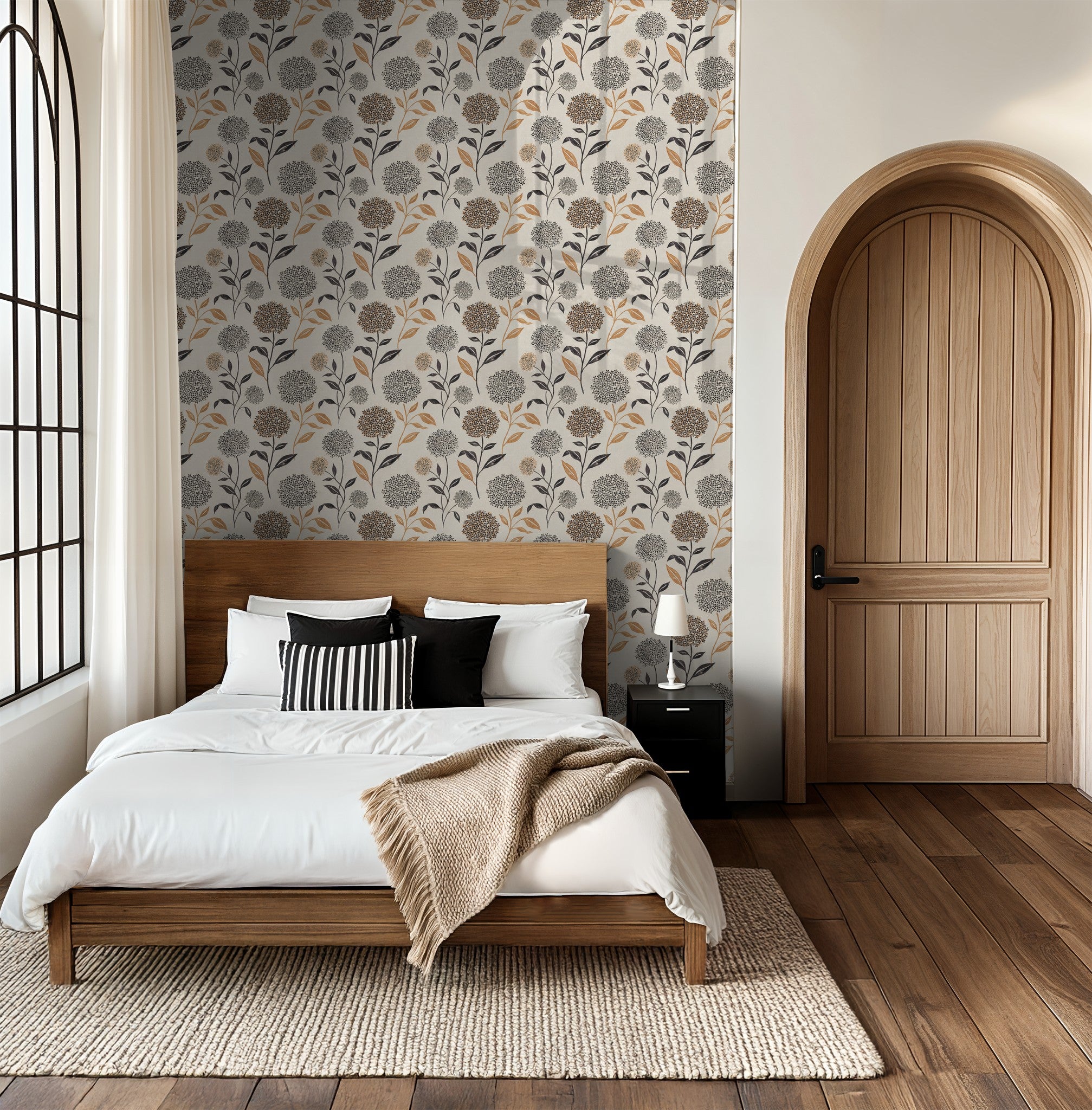 Floral wallpaper with terracotta and charcoal blooms in a modern bedroom setting.