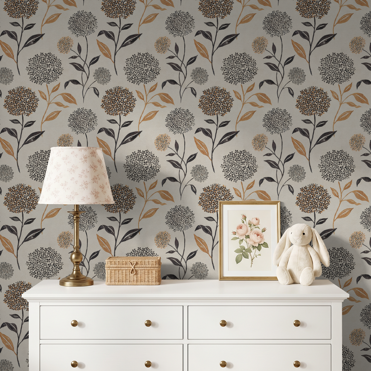 Floral wallpaper with terracotta and charcoal blooms in a cozy room setting.