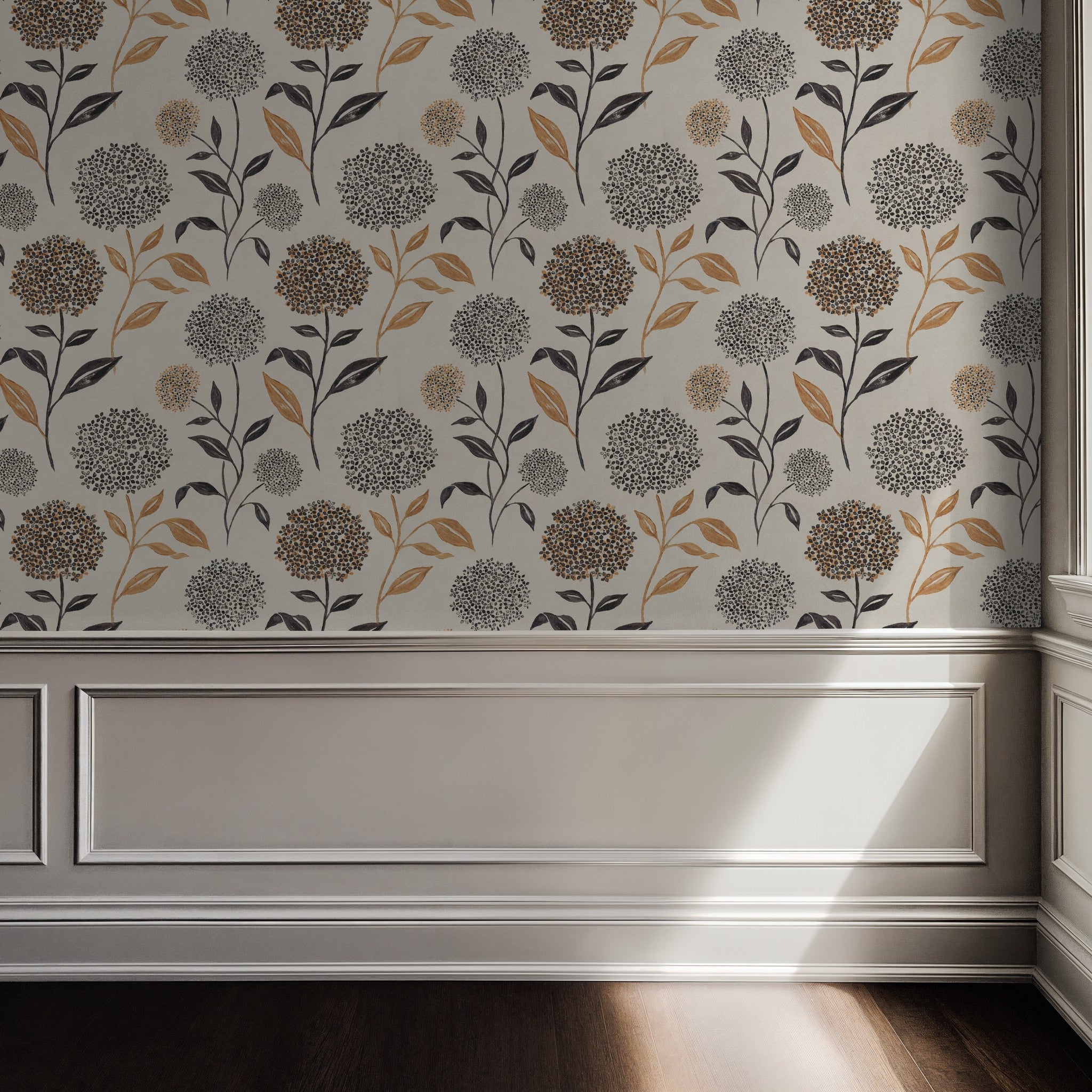 Floral wallpaper with terracotta and charcoal blooms on ivory backdrop in elegant room