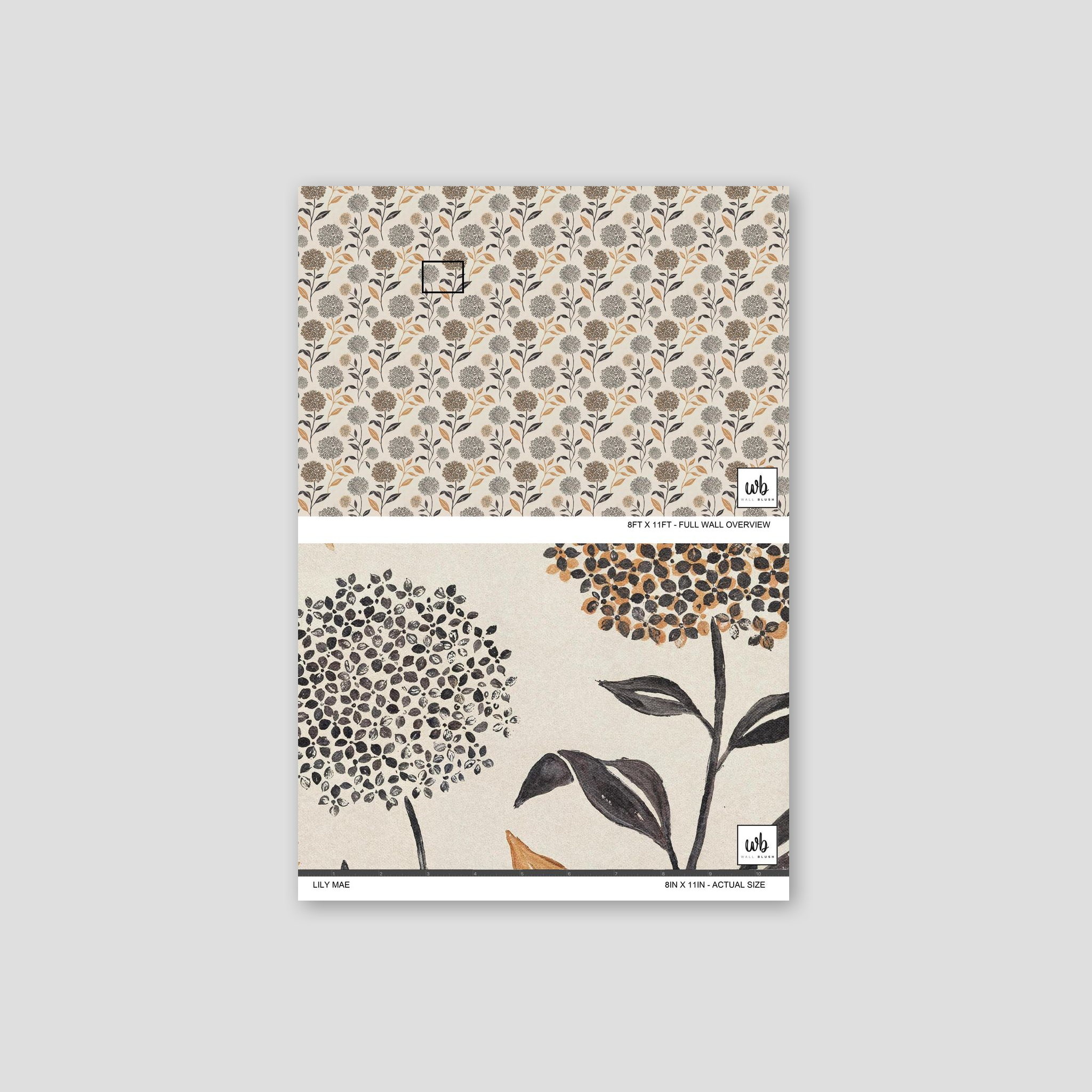 Floral wallpaper with terracotta and charcoal blooms on ivory background.