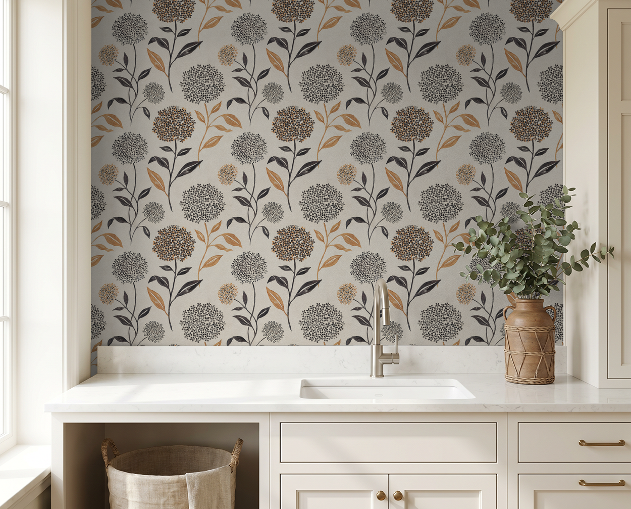Floral wallpaper with terracotta and charcoal blooms in kitchen setting.