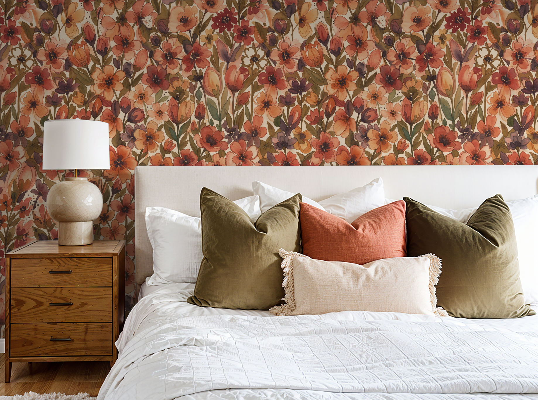 Floral wallpaper with vibrant flowers in cozy bedroom setting
