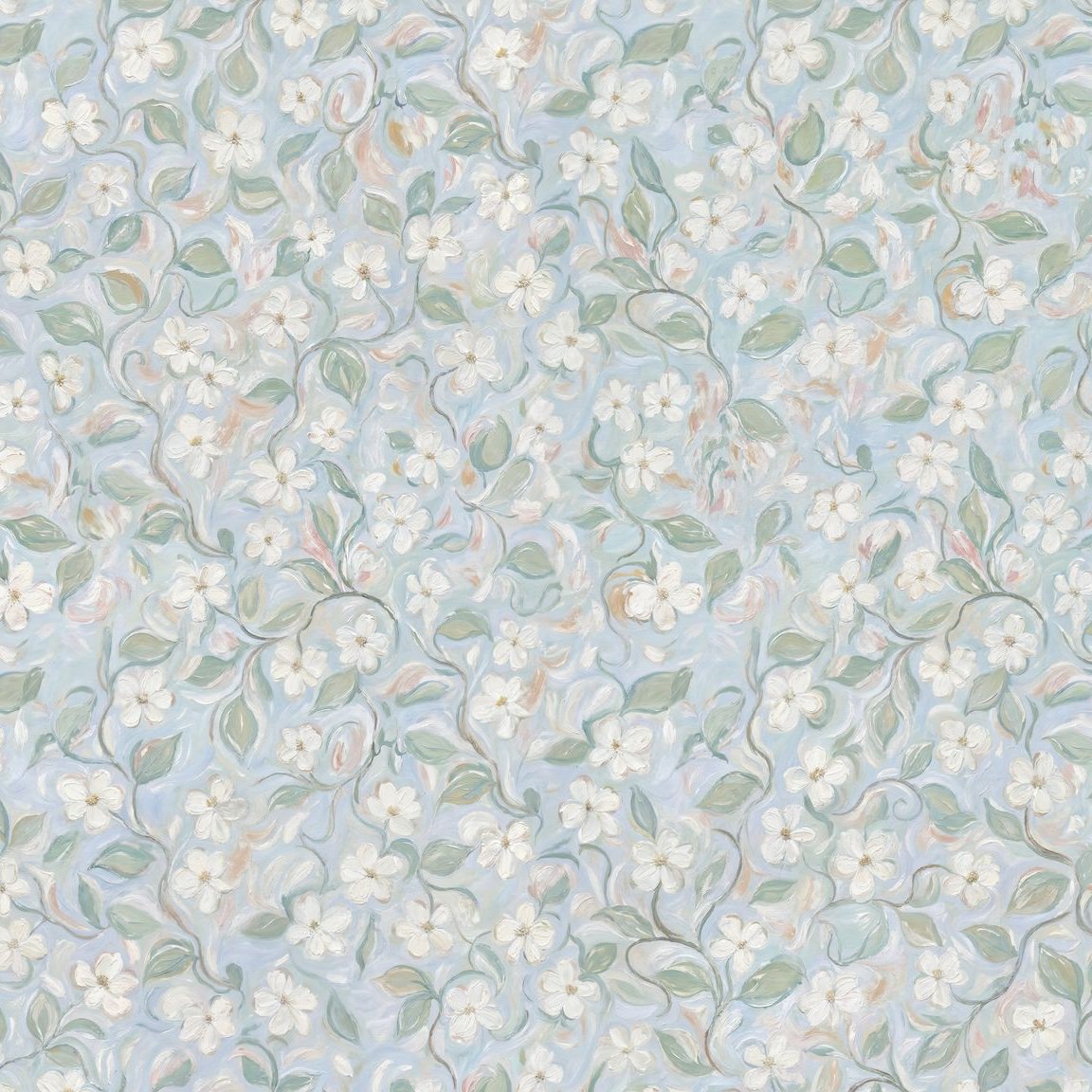 Floral wallpaper with white flowers and green leaves on a soft blue background.