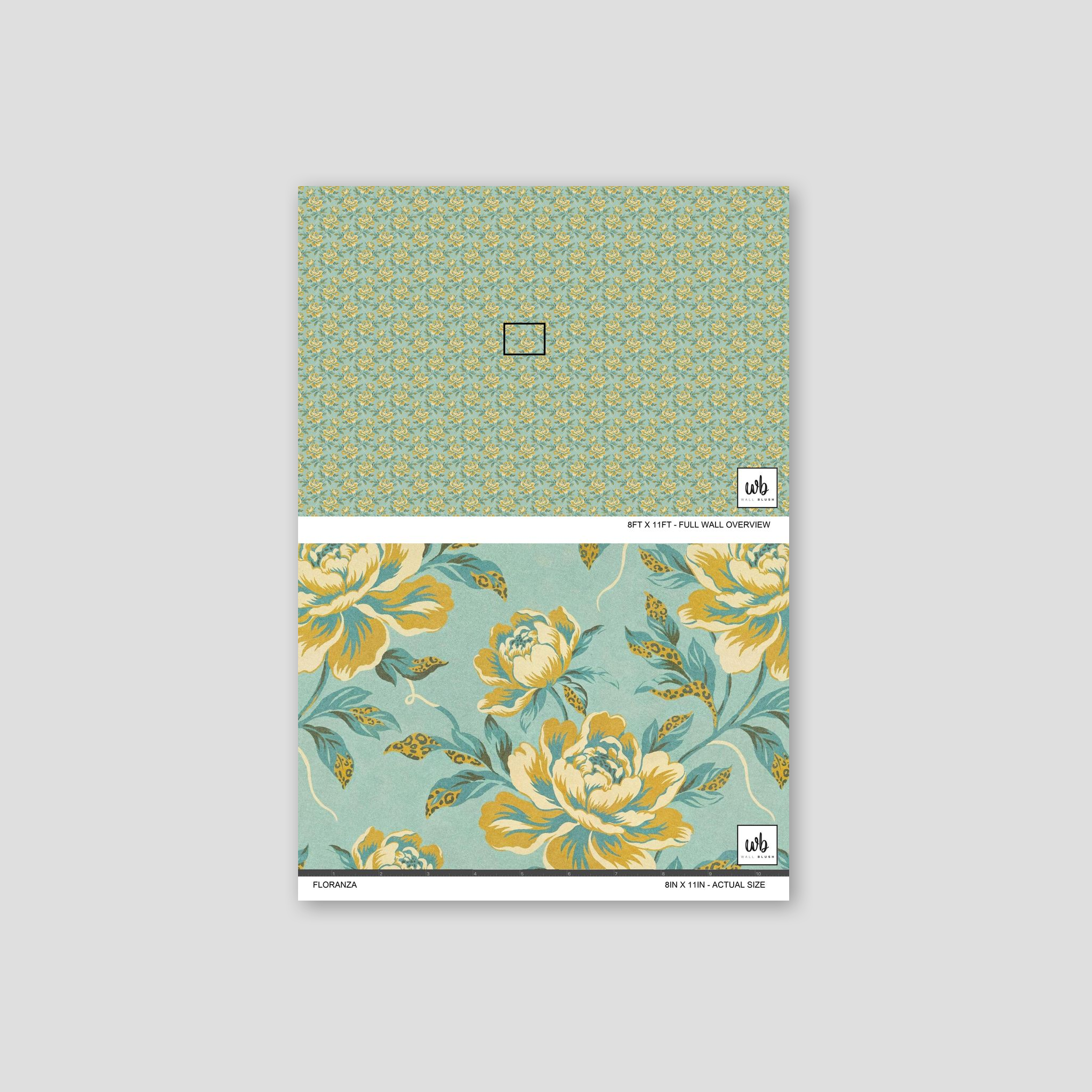 Floranza wallpaper with bold golden ochre and teal florals on turquoise background